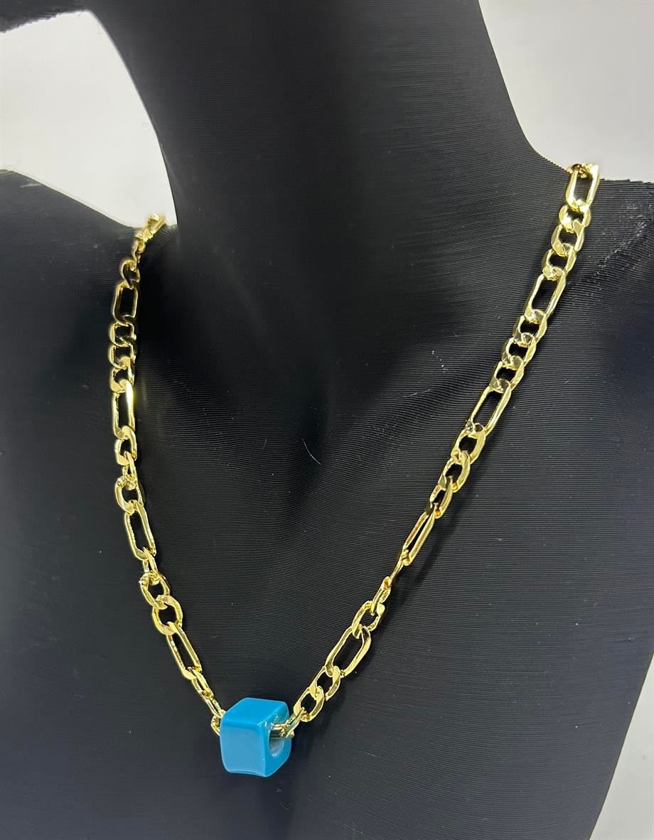 Gold Figaro Chain Blue Bead Necklace