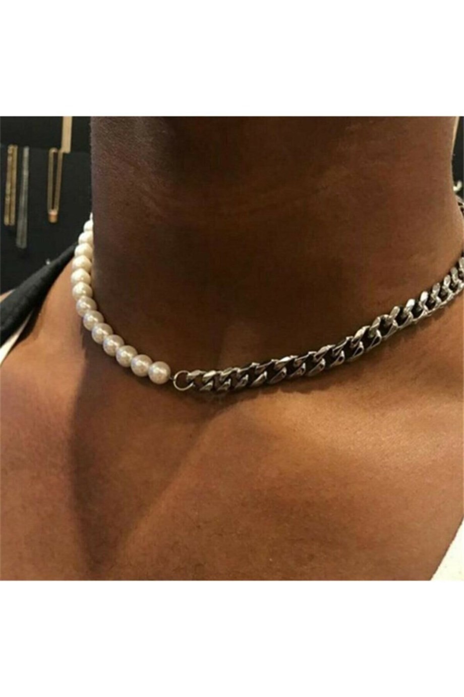 Unisex Silver Color Binary Pearl Necklace Thick Chain Necklace