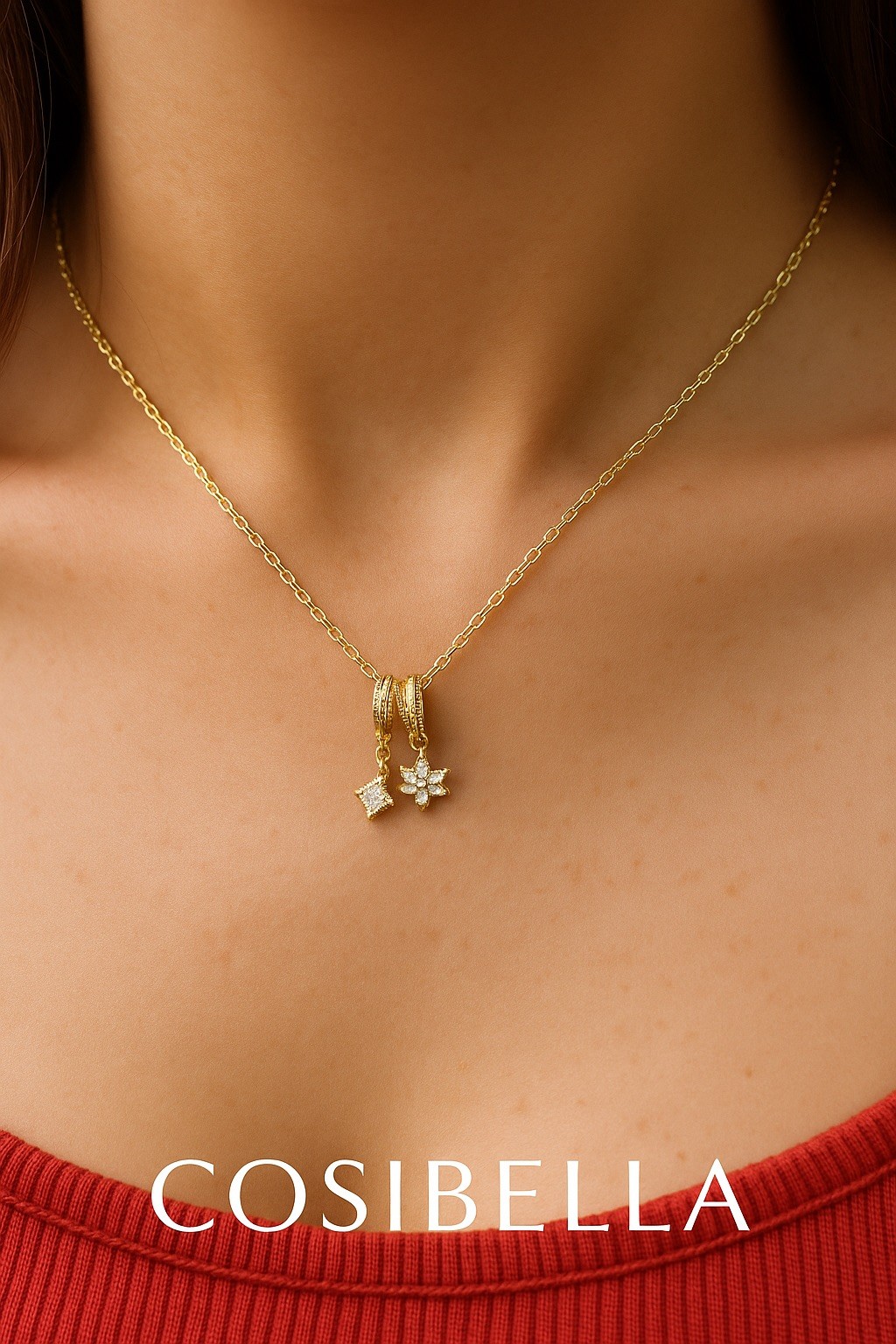 Çelik Gold Charmlı Lotus Çiçeği Kolye