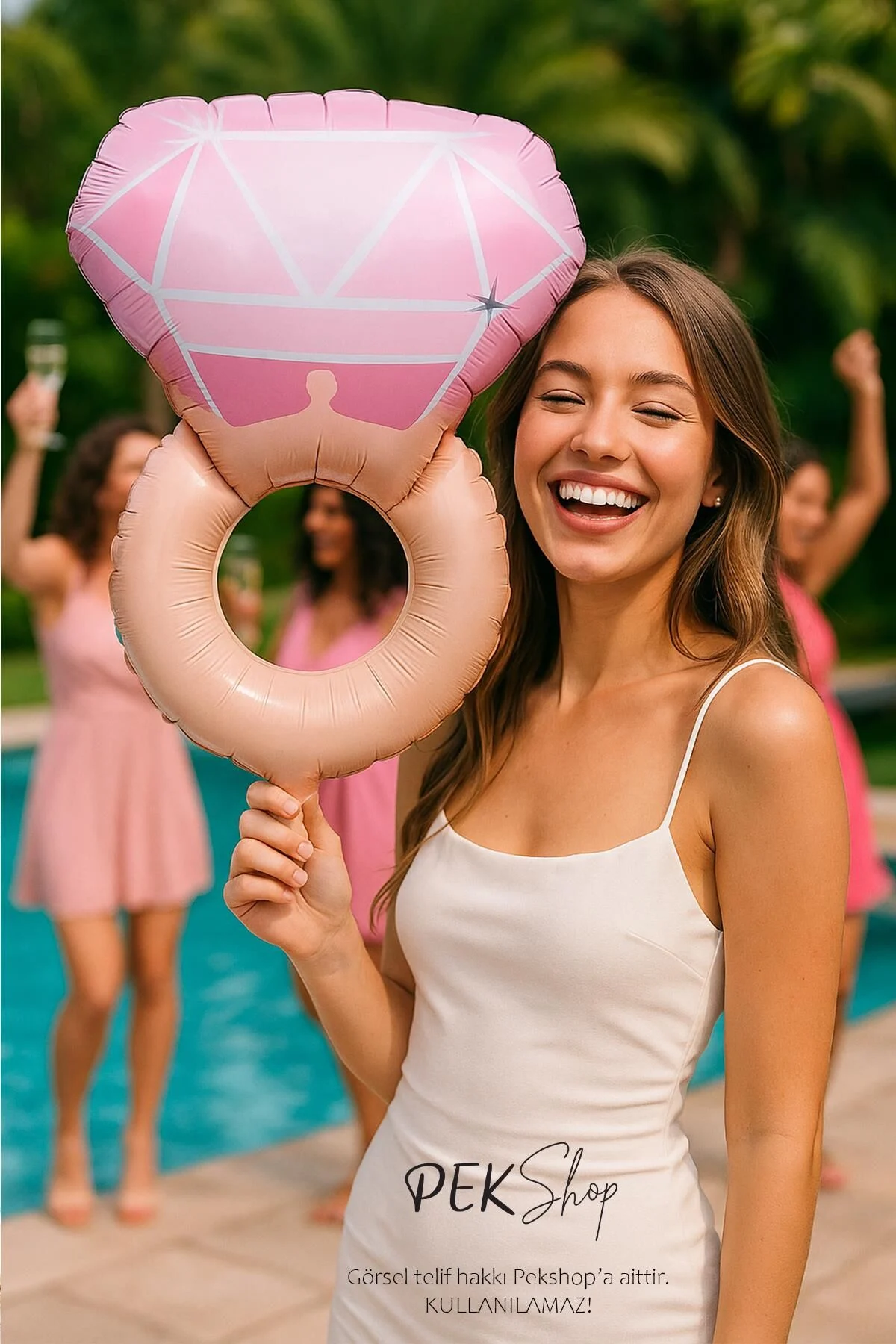 Pembe Tek Taş Yüzük Folyo Balon