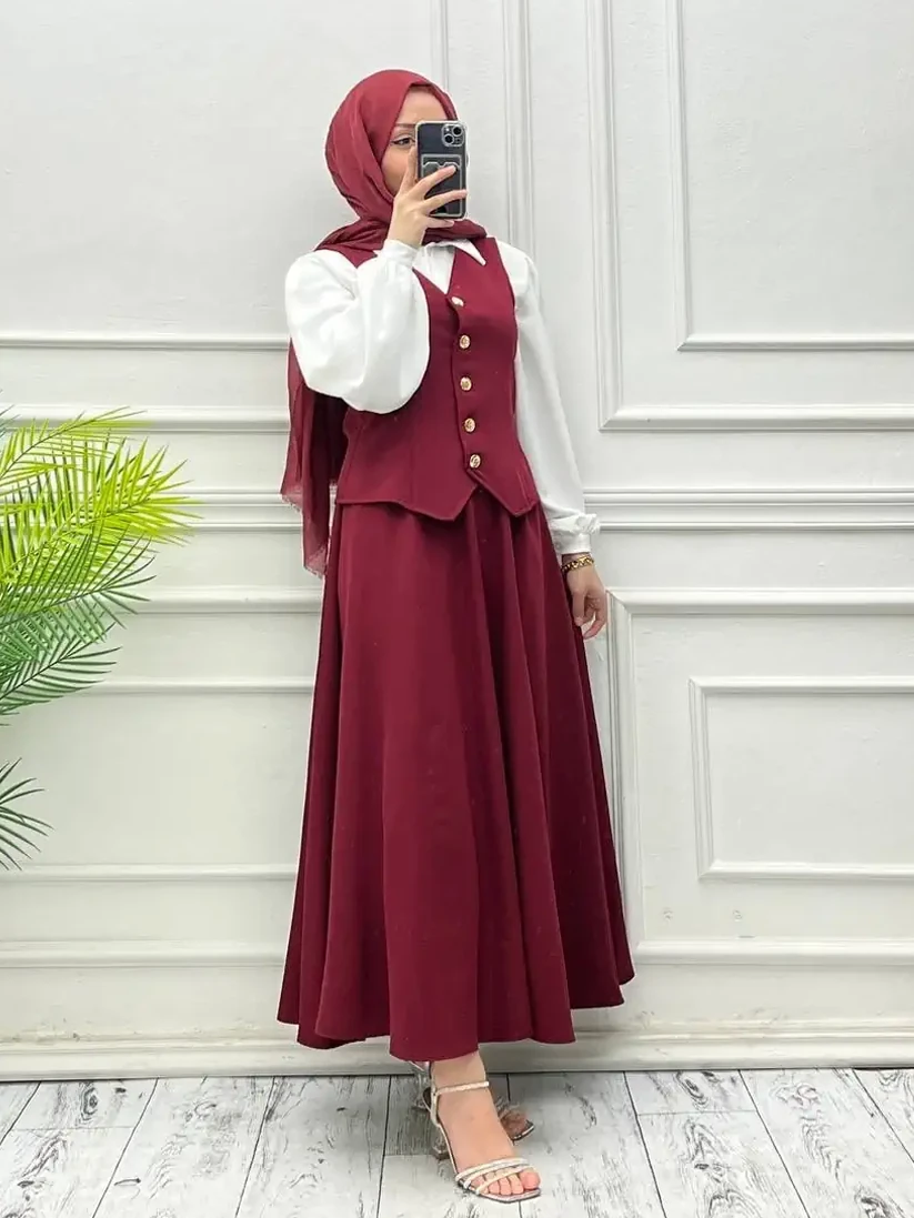 Bordo Yelekli Klasik Üçlü Tesettür Etekli Takım