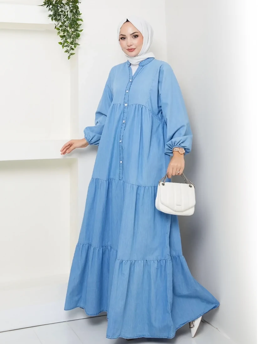 Gömlek Yaka Volanlı Mavi Denim Elbise