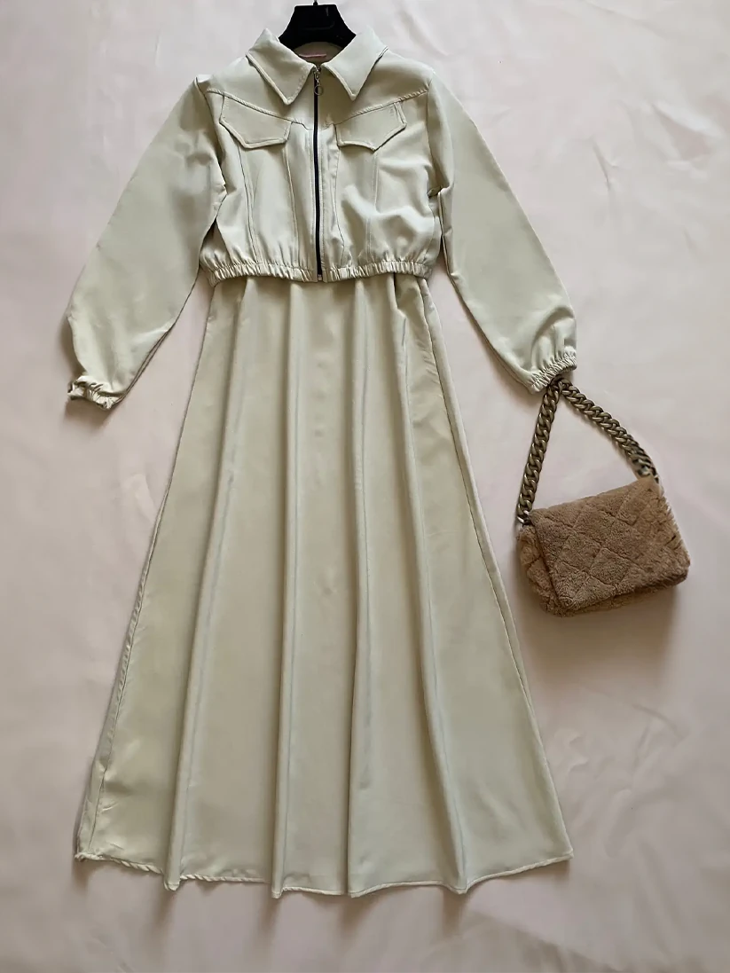 Kadın Fermuarlı Gömlek Yaka Uzun Kollu Elbise