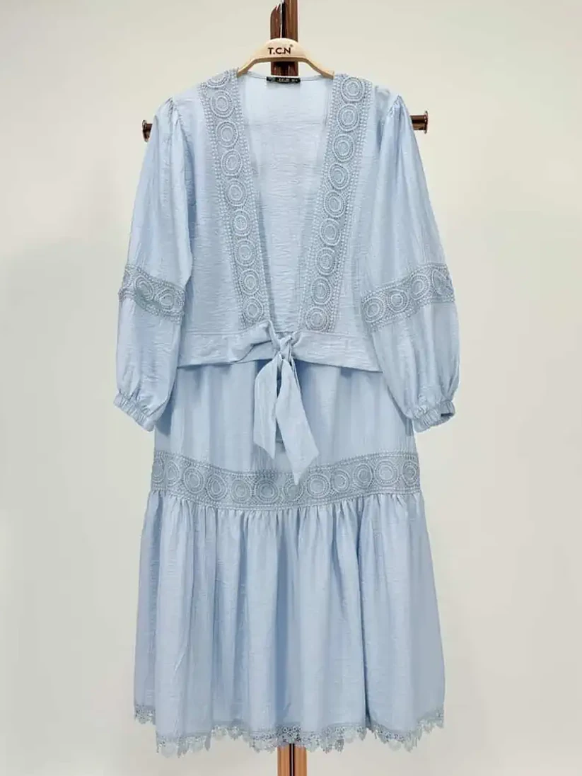 Mavi Dantel İşlemeli İkili Etek Takım