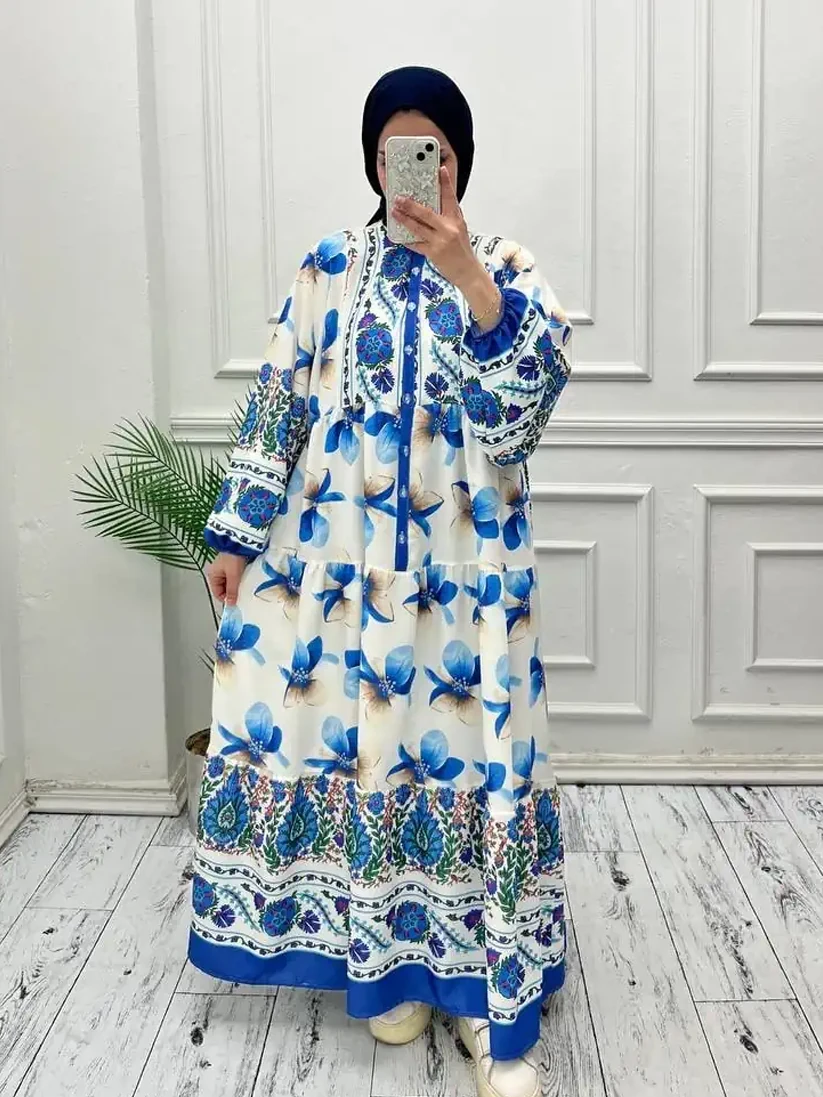 Mavi Çiçek Desenli Kat Kat Tesettür Elbise