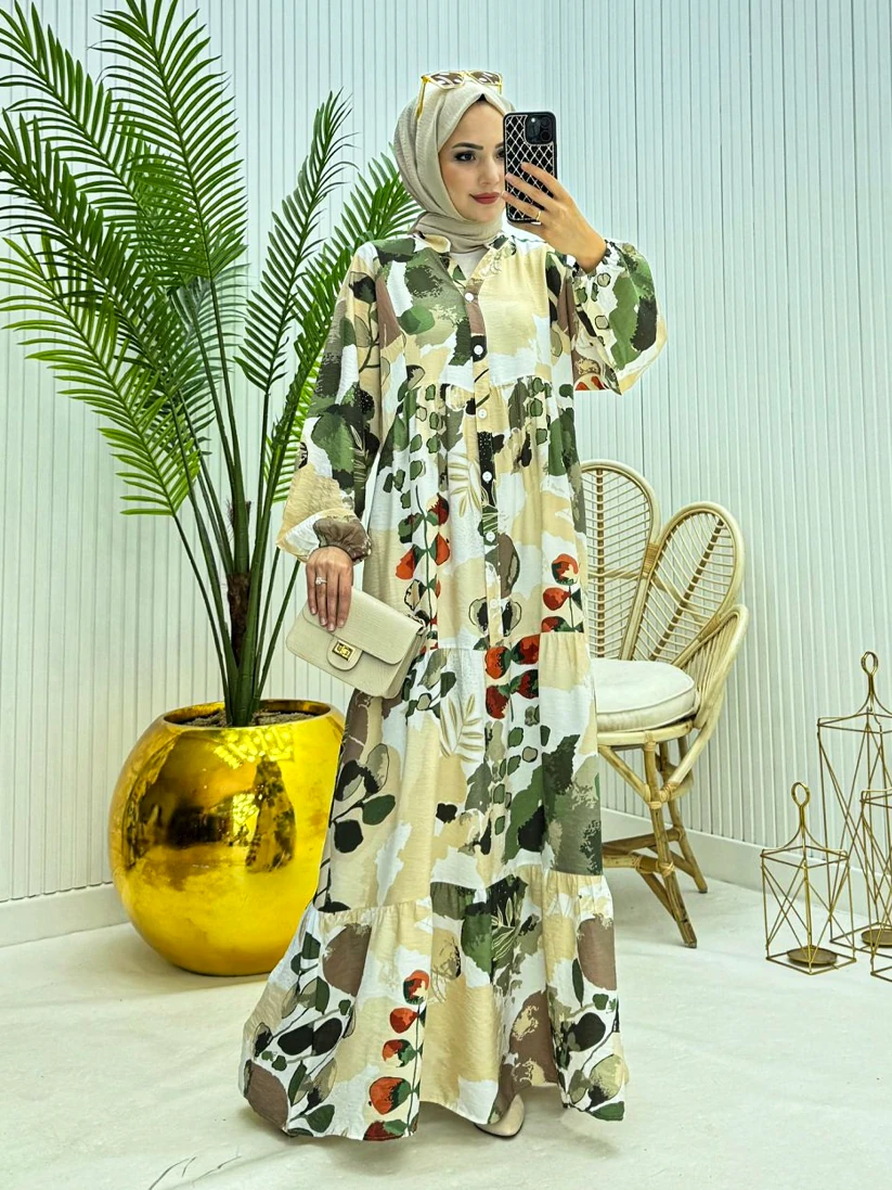 Modal Dokuma Desenli Yeşil Tesettür Elbise