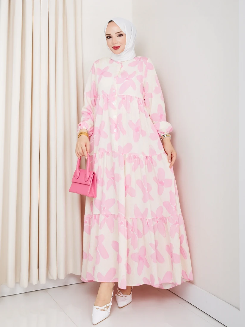 Modal Kumaş Çiçek Desenli Kat Kat Elbise