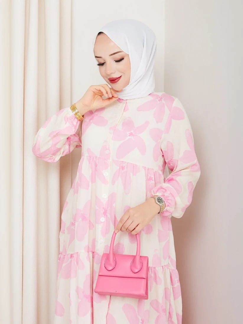 Modal Kumaş Çiçek Desenli Kat Kat Elbise