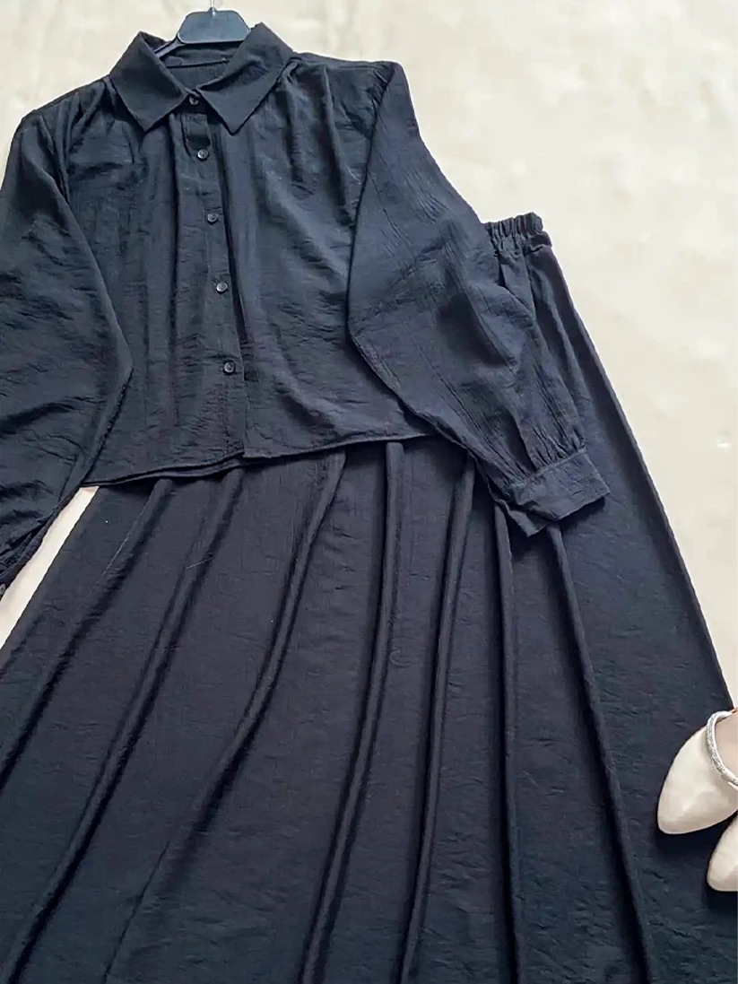 Siyah Krep Kumaş Etek Bluz İkili Takım