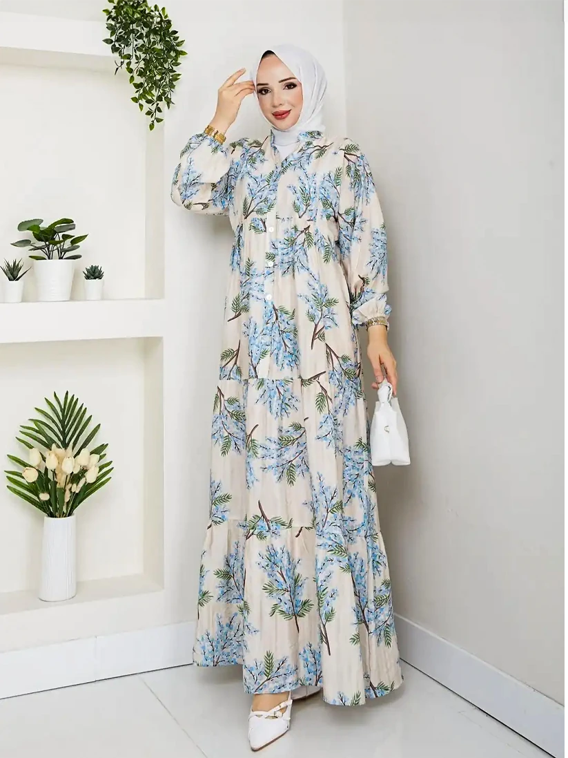 Yarım Düğmeli Eteği Katlı Çiçek Desenli Elbise