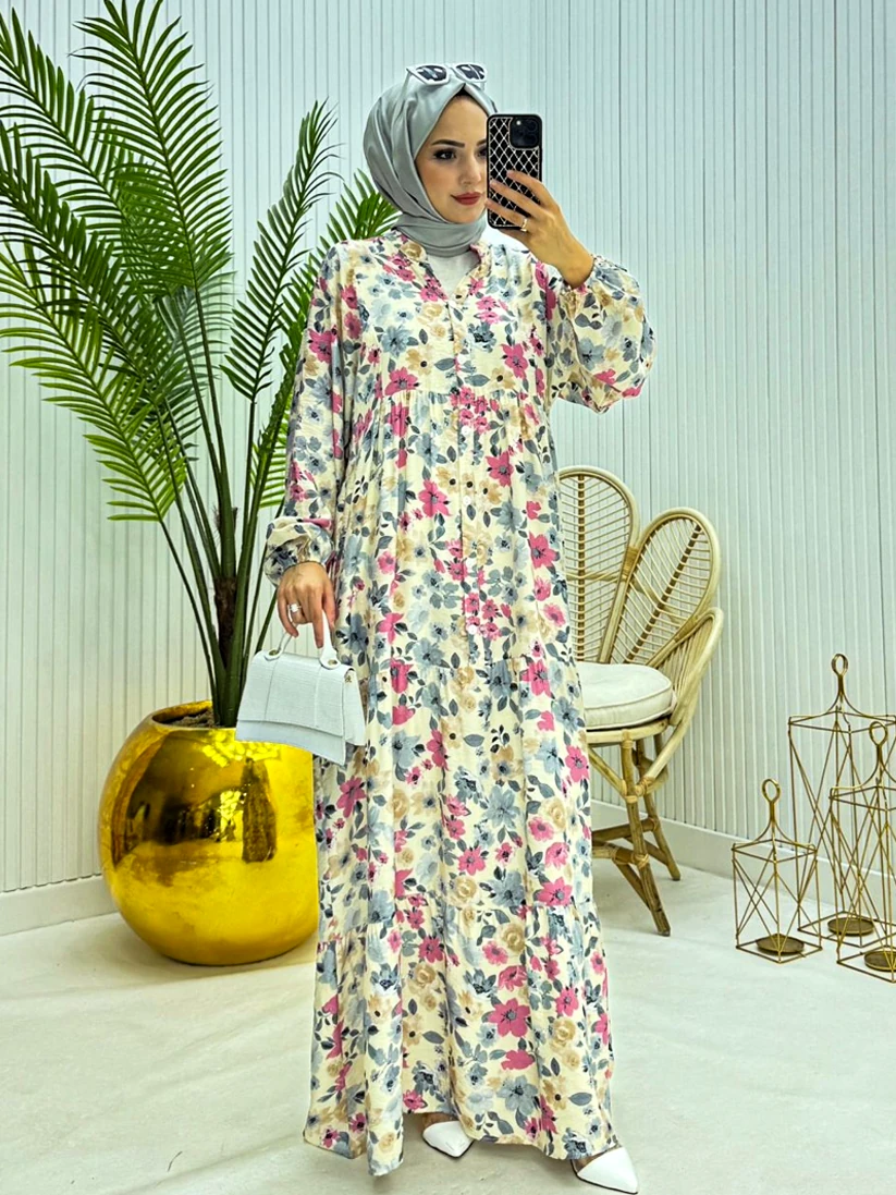 Çiçek Desenli Kat Kat Uzun Gömlek Elbise