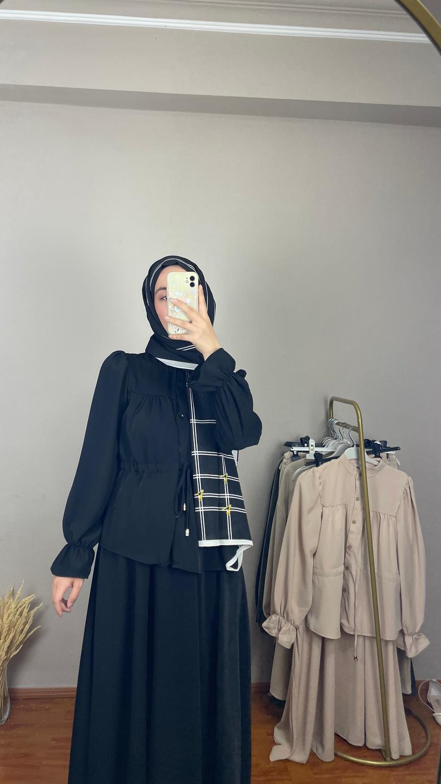 Dubai Kumaş Etekli Takım Siyah Renk