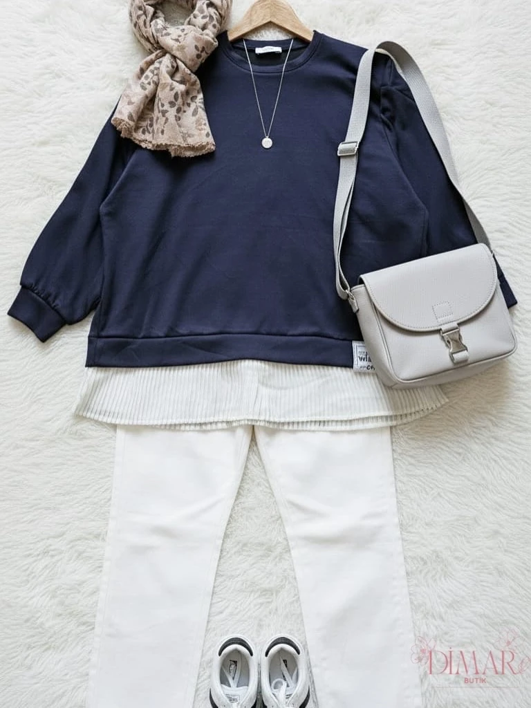 Lacivert Armalı Tunik – Pileli Etek Detaylı