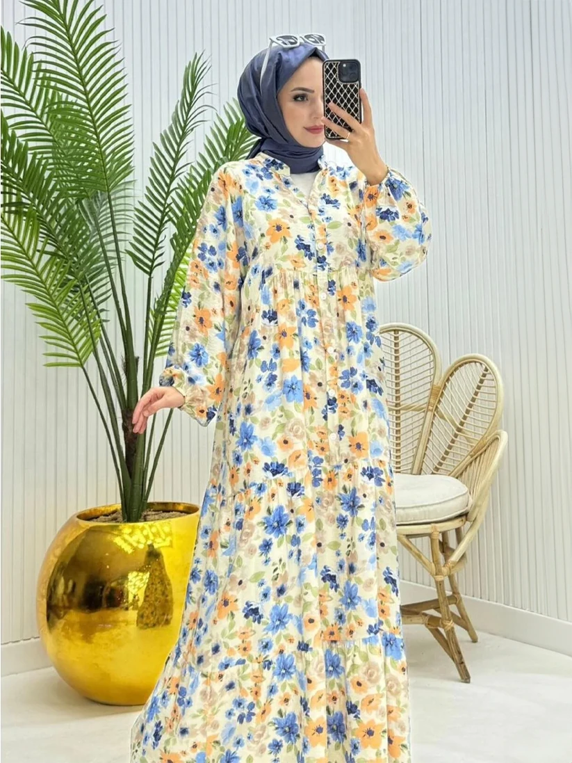 Mango Mavi Turuncu Çiçek Desenli Kat Kat Elbise