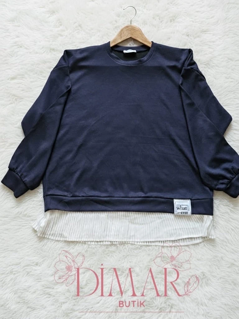 Lacivert Armalı Tunik – Pileli Etek Detaylı