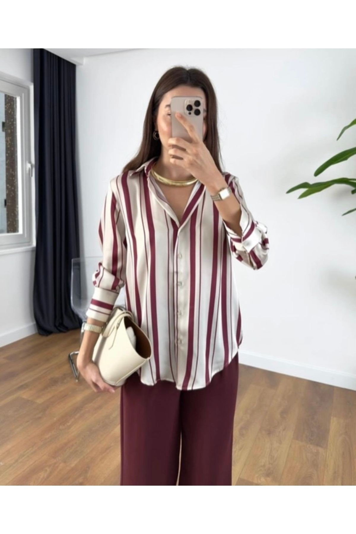 BORDO ÇİZGİLİ SATEN GÖMLEK