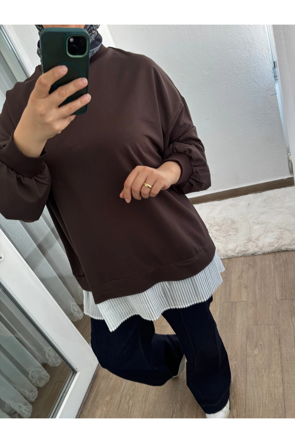 Emsabutik Kahverengi etek kısmı pile detaylı tunik