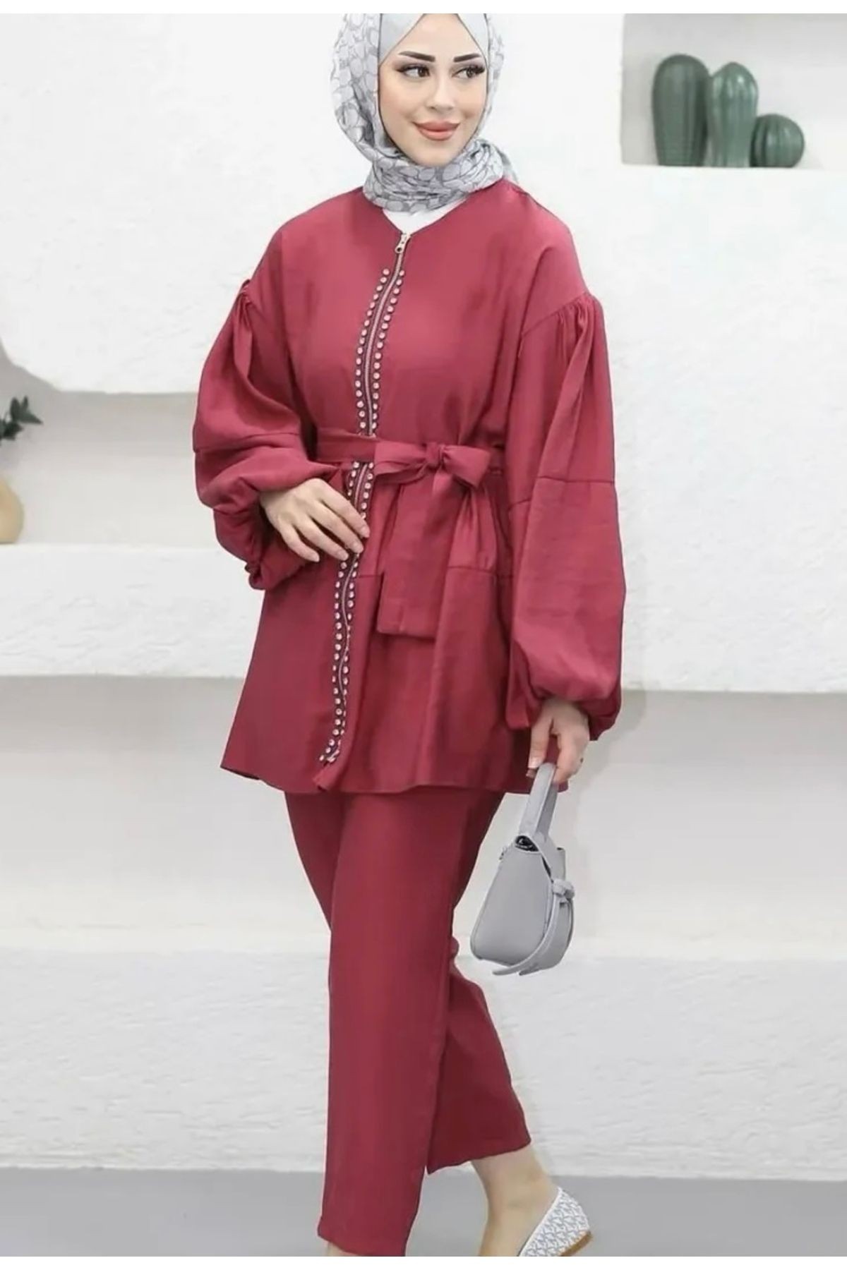 Bordo Taşlı Takım