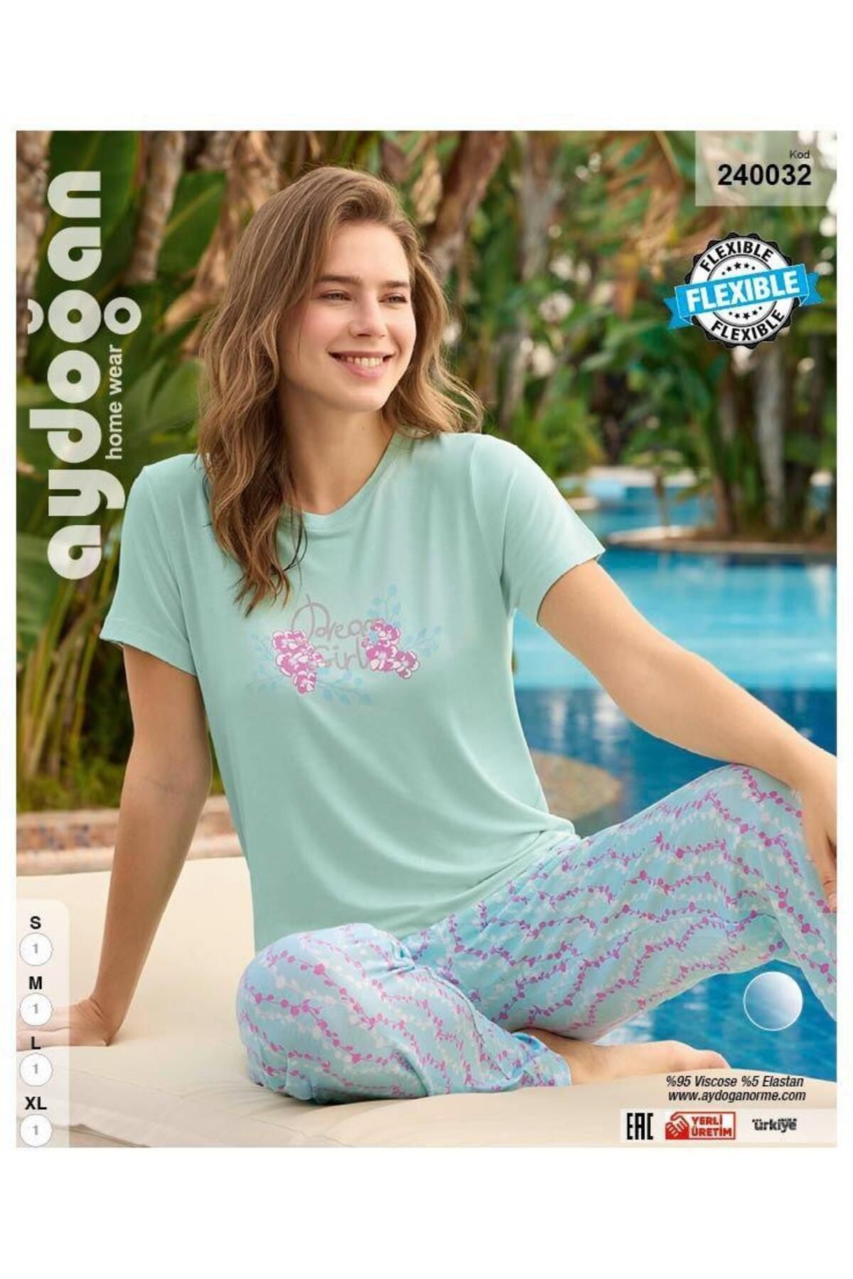 Kadın Yeşil Viskon Kısa Kollu Pijama Takımı 240032