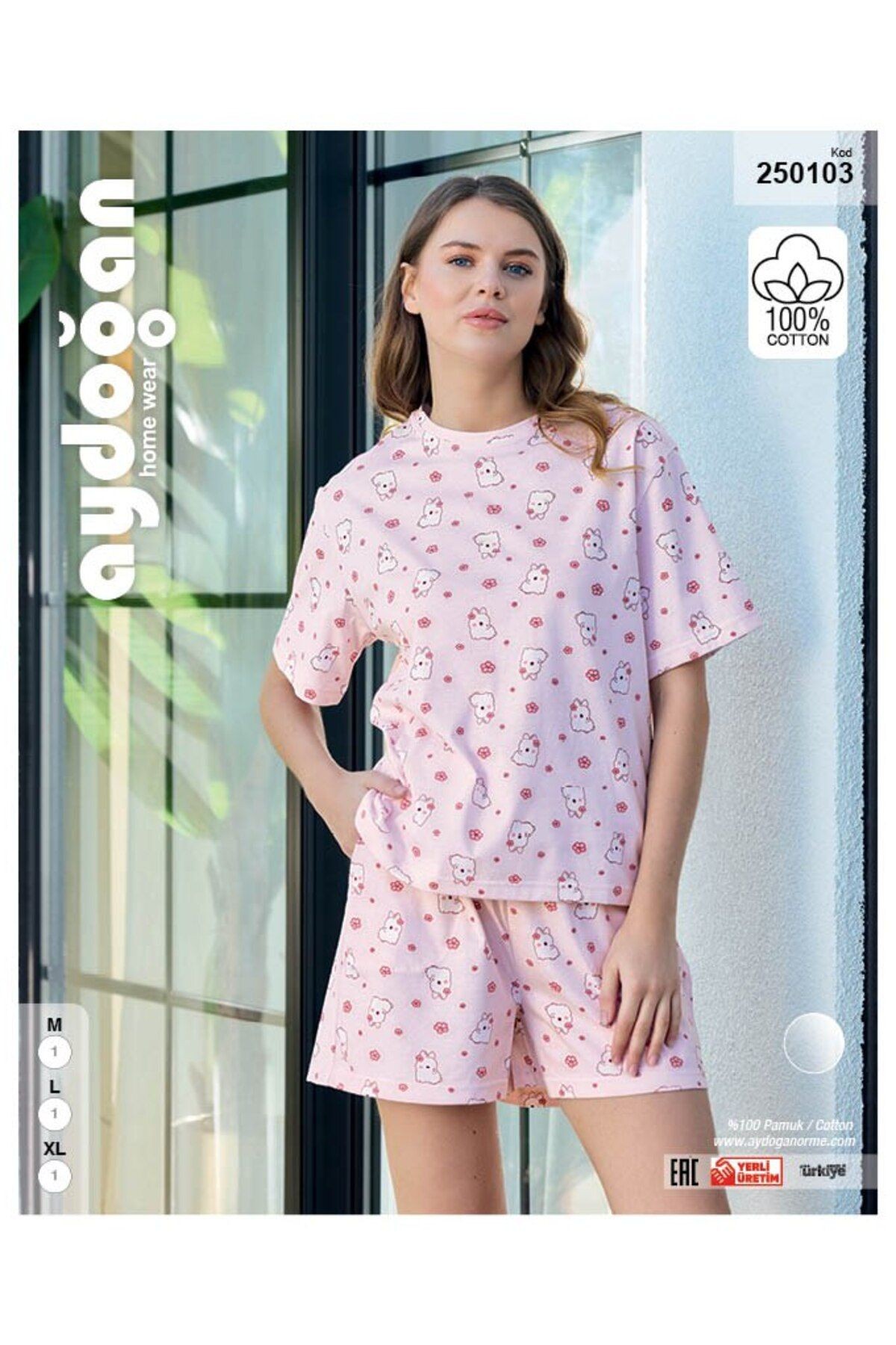 Marka %100 Pamuk Tavşan Desenli Kısa Kollu Şortlu Açık Pembe Renk Kadın Pijama Takımı 250103