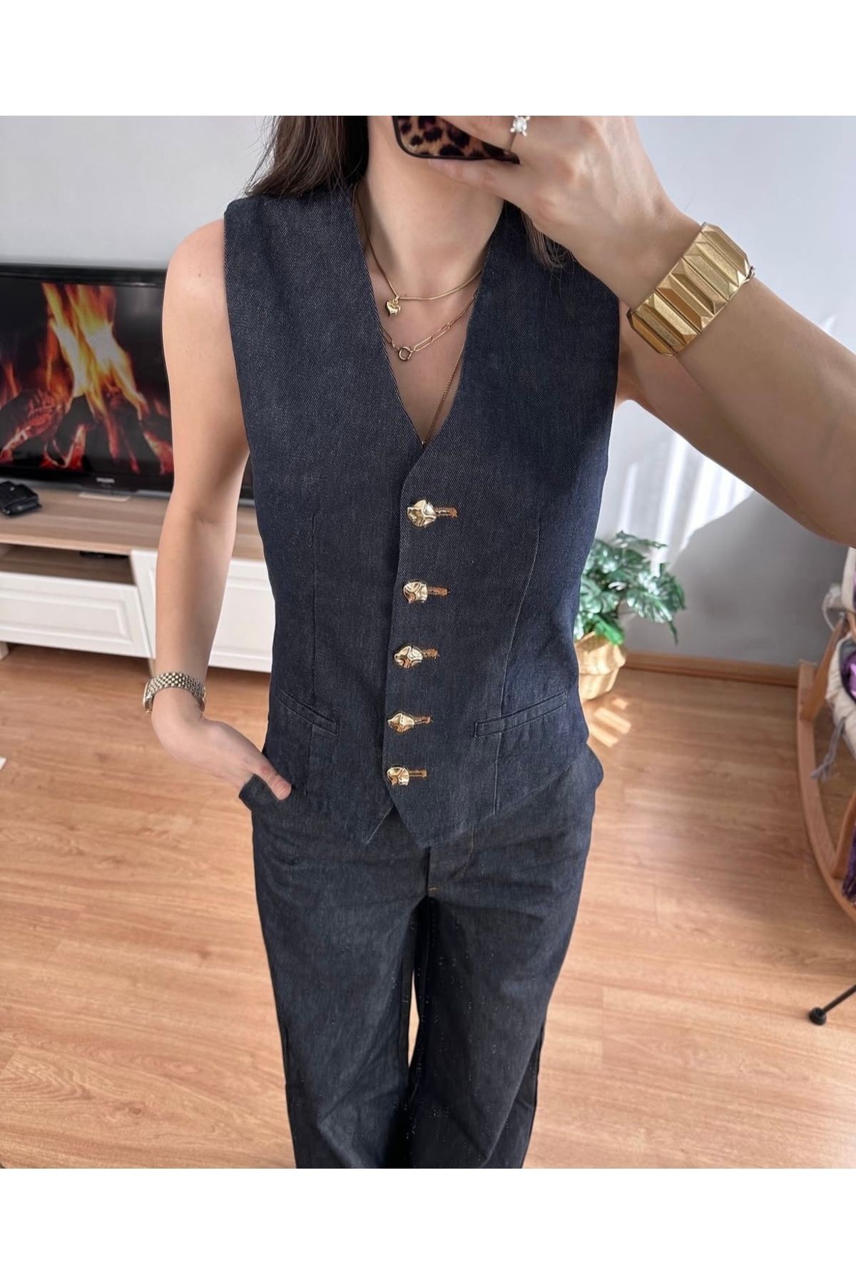 Gold Düğmeli Denim Yelek
