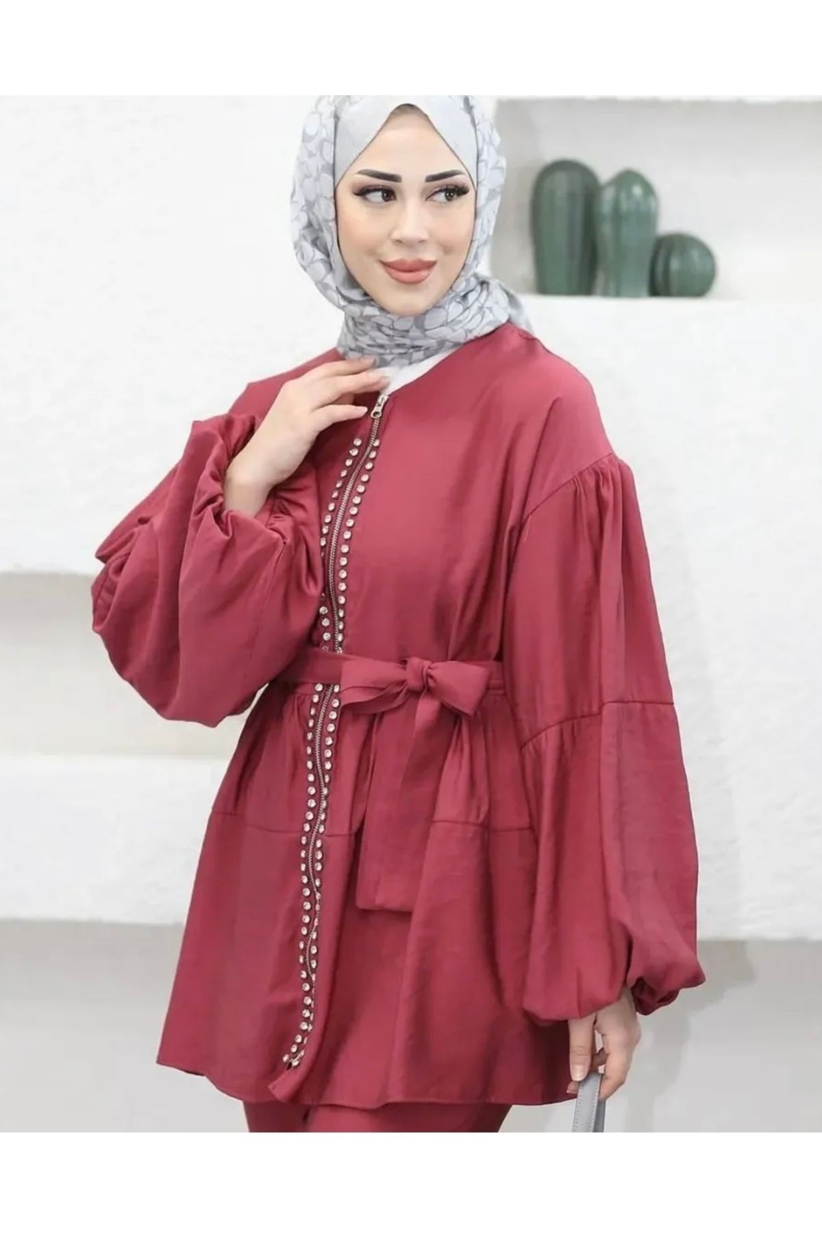 Bordo Taşlı Takım