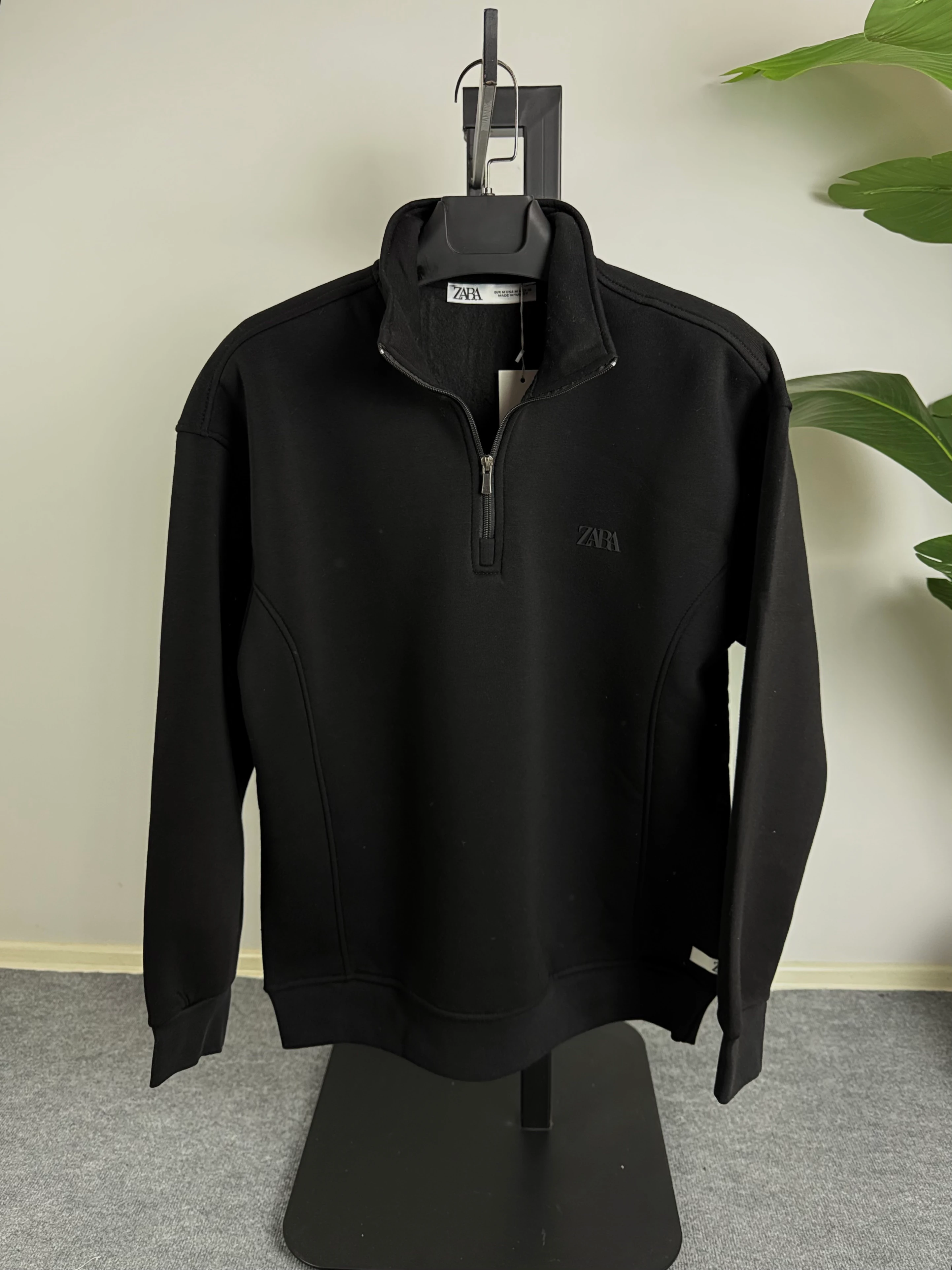 ZR Enjeksiyon Baskı Yarım Fermuarlı Oversize Sweat Üçiplik Şardonlu Siyah Renk