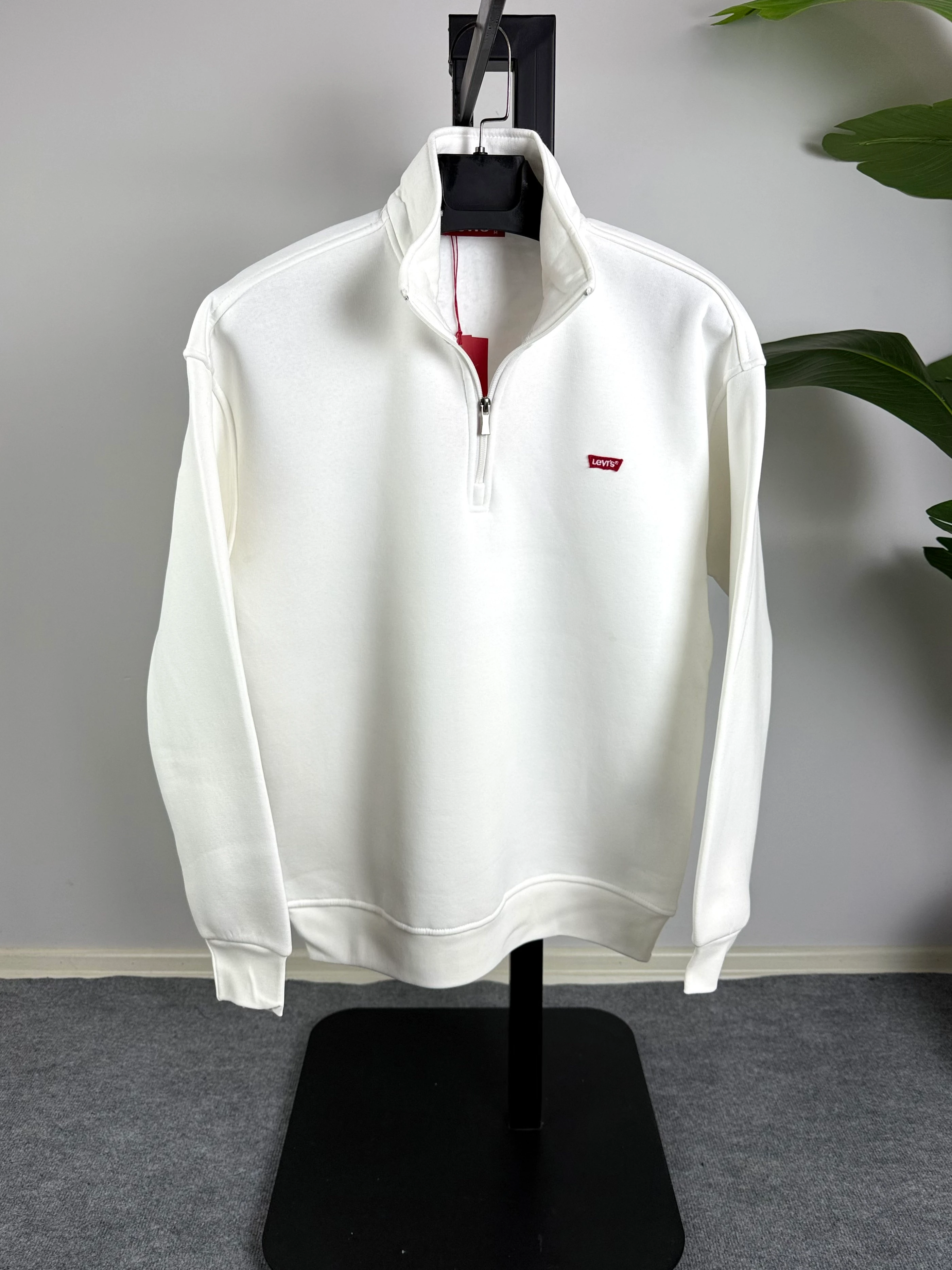 LVS Nakış İşleme Yarım Fermuarlı Oversize Sweat Üçiplik Şardonlu Beyaz Renk