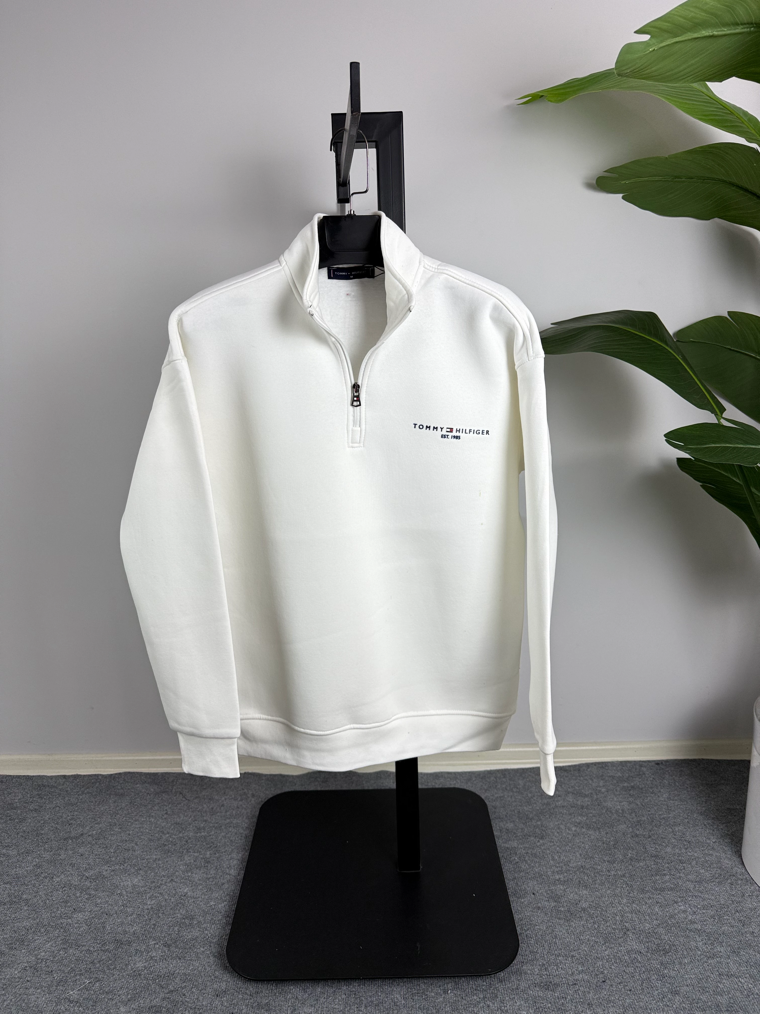 TMY Enjeksiyon Baskı Yarım Fermuarlı Oversize Sweat Üçiplik Şardonlu Beyaz Renk