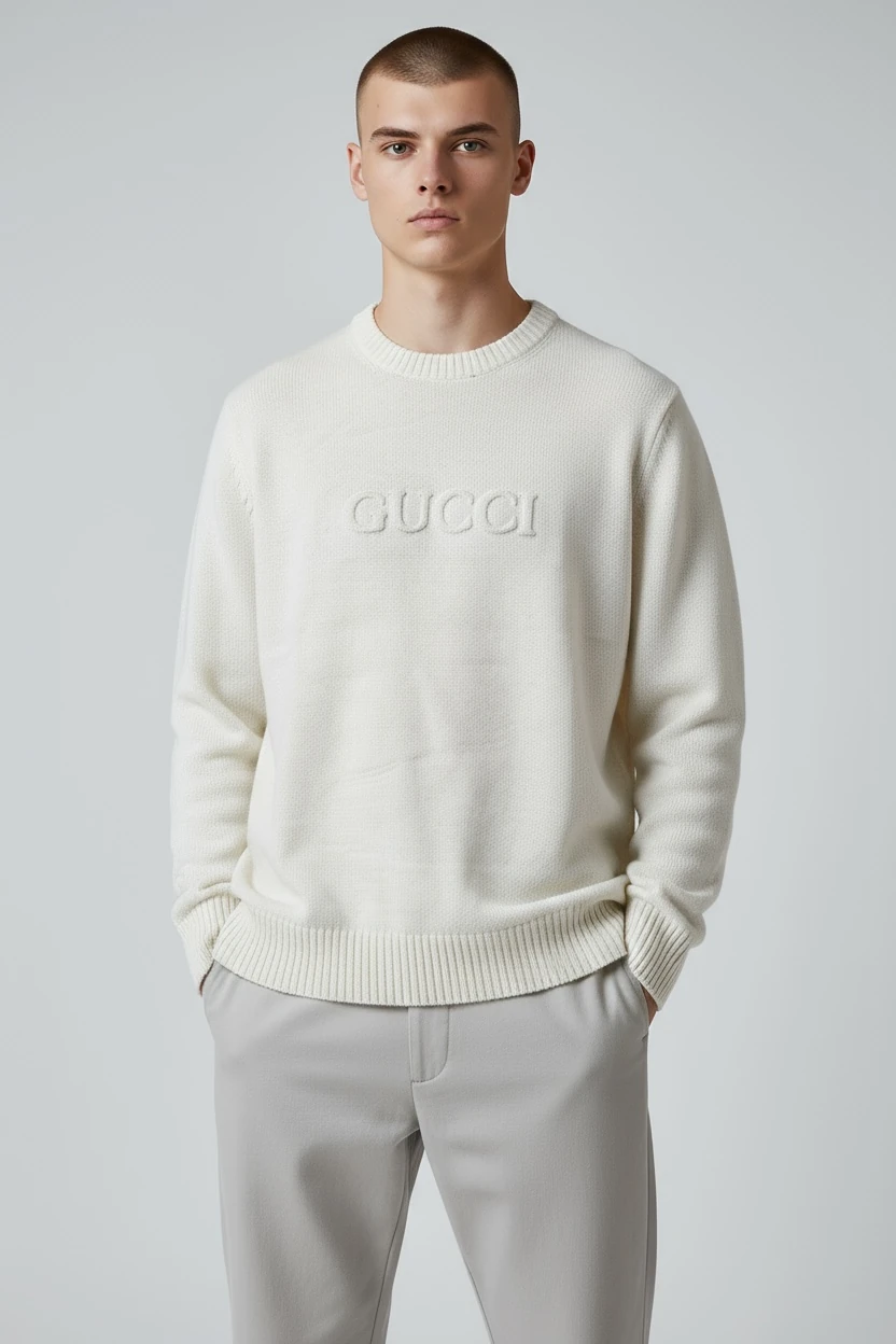 BEYAZ KABARTMA DESENLİ ERKEK TRİKO KAZAK