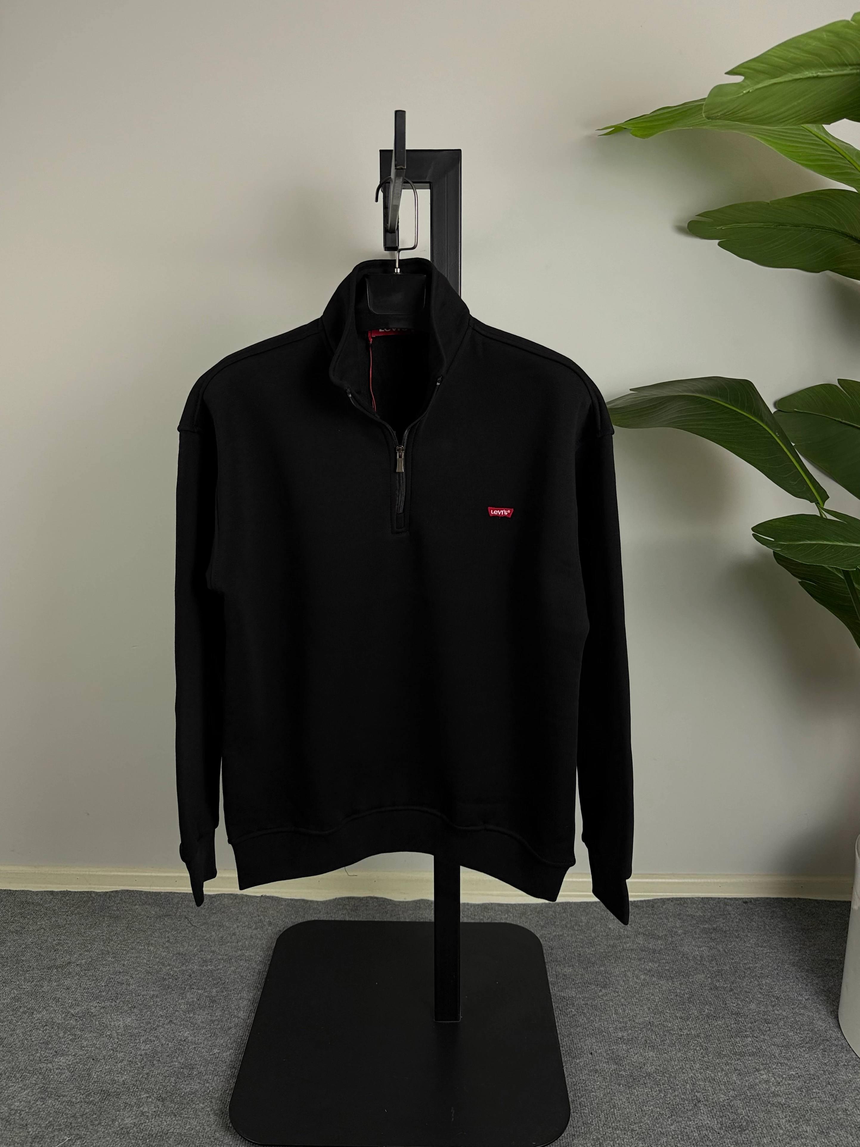 LVS Nakış İşleme Yarım Fermuarlı Oversize Sweat Üçiplik Şardonlu Siyah Renk