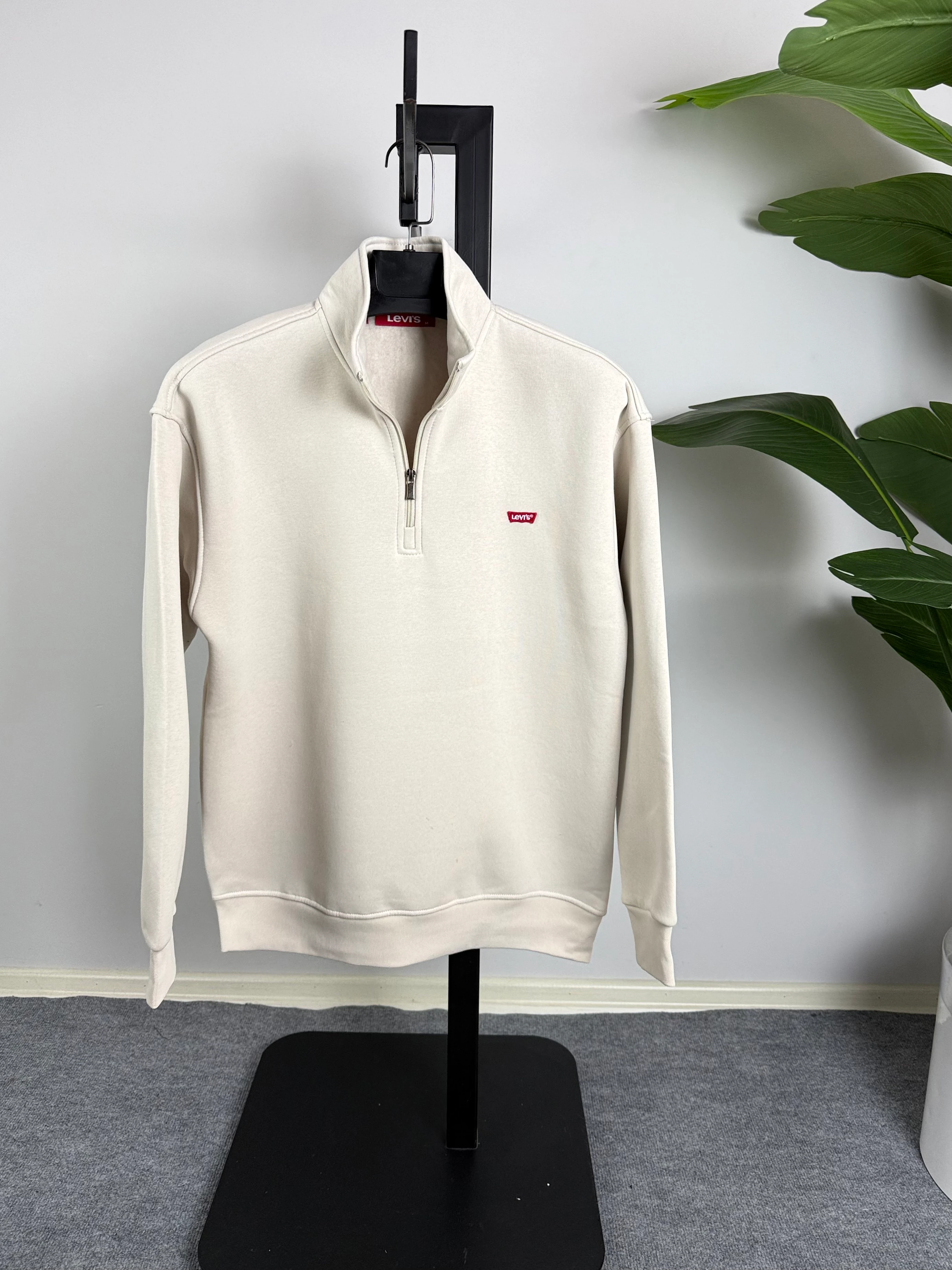 LVS Nakış İşleme Yarım Fermuarlı Oversize Sweat Üçiplik Şardonlu Bej Renk