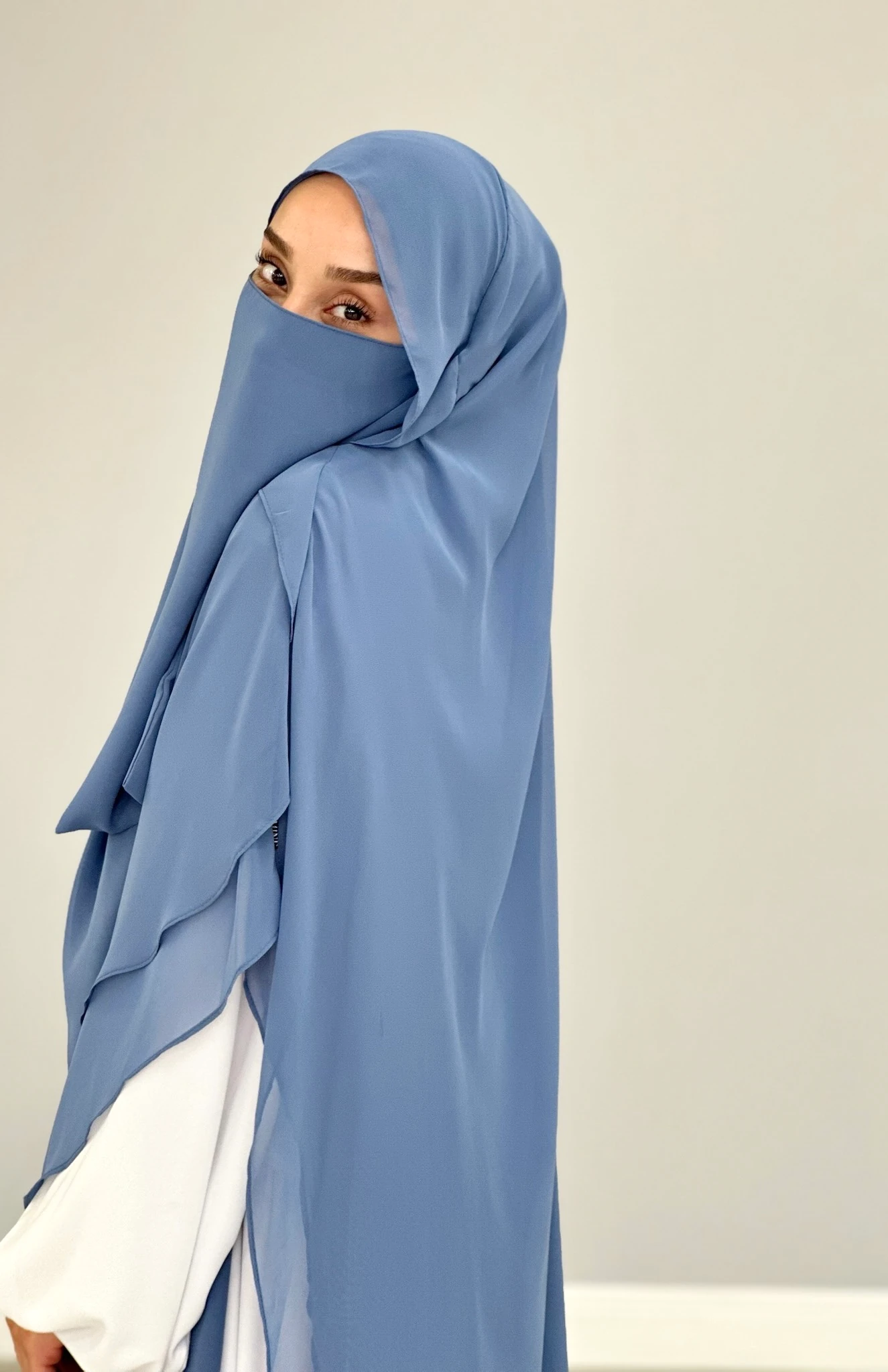 GÖLGELİ ŞİFON SUFLE UZUN İNDİGO MAVİ