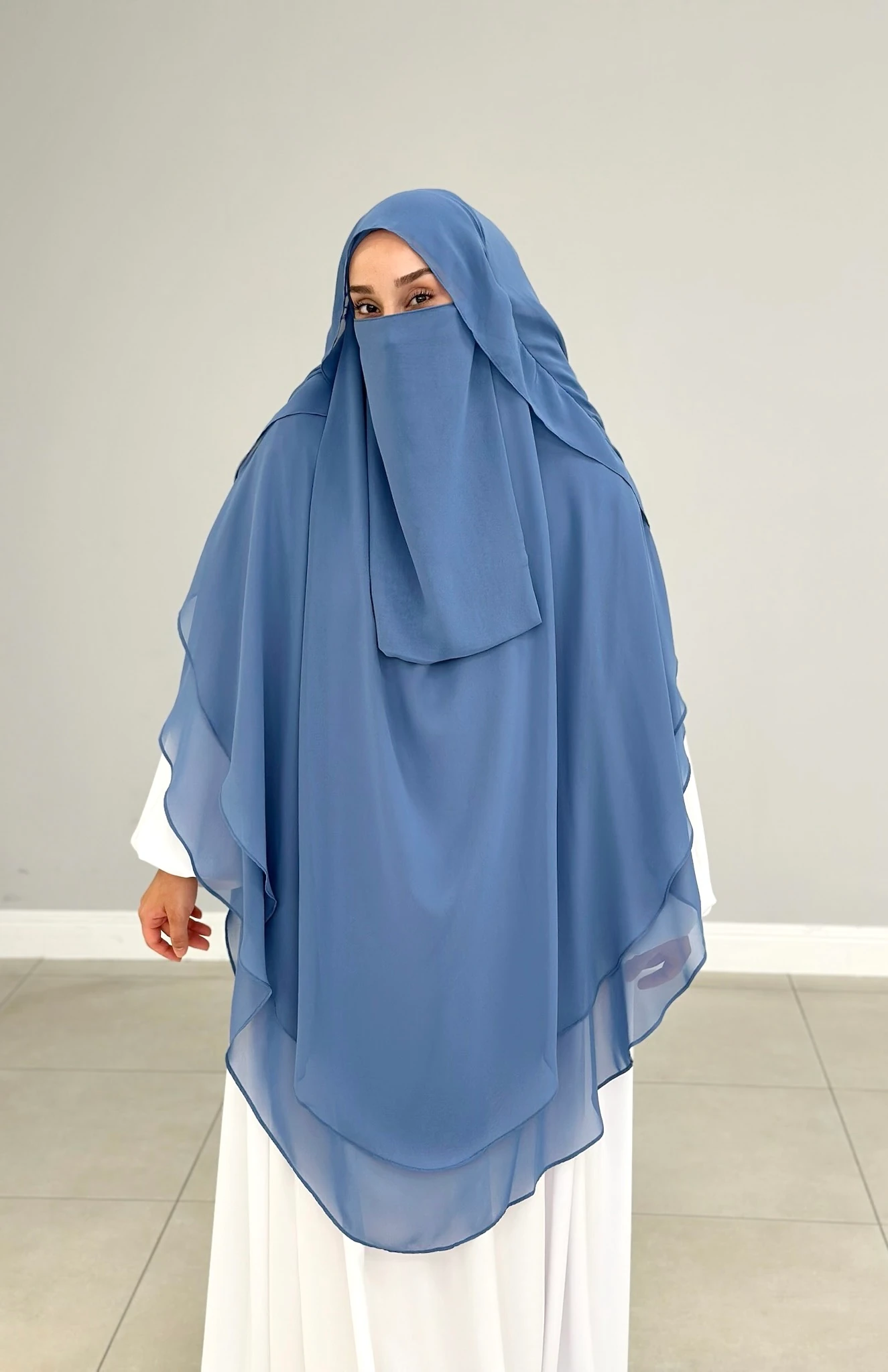 GÖLGELİ ŞİFON SUFLE UZUN İNDİGO MAVİ