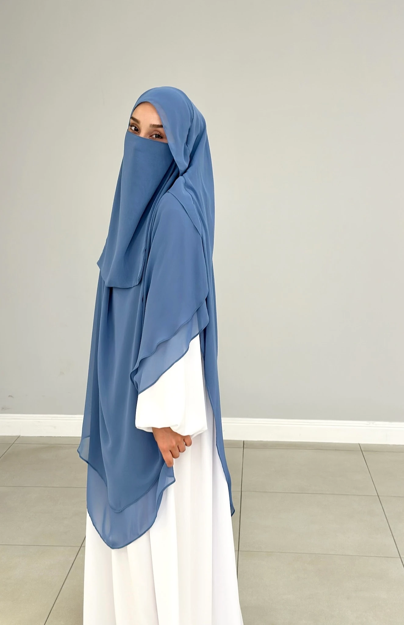 GÖLGELİ ŞİFON SUFLE UZUN İNDİGO MAVİ