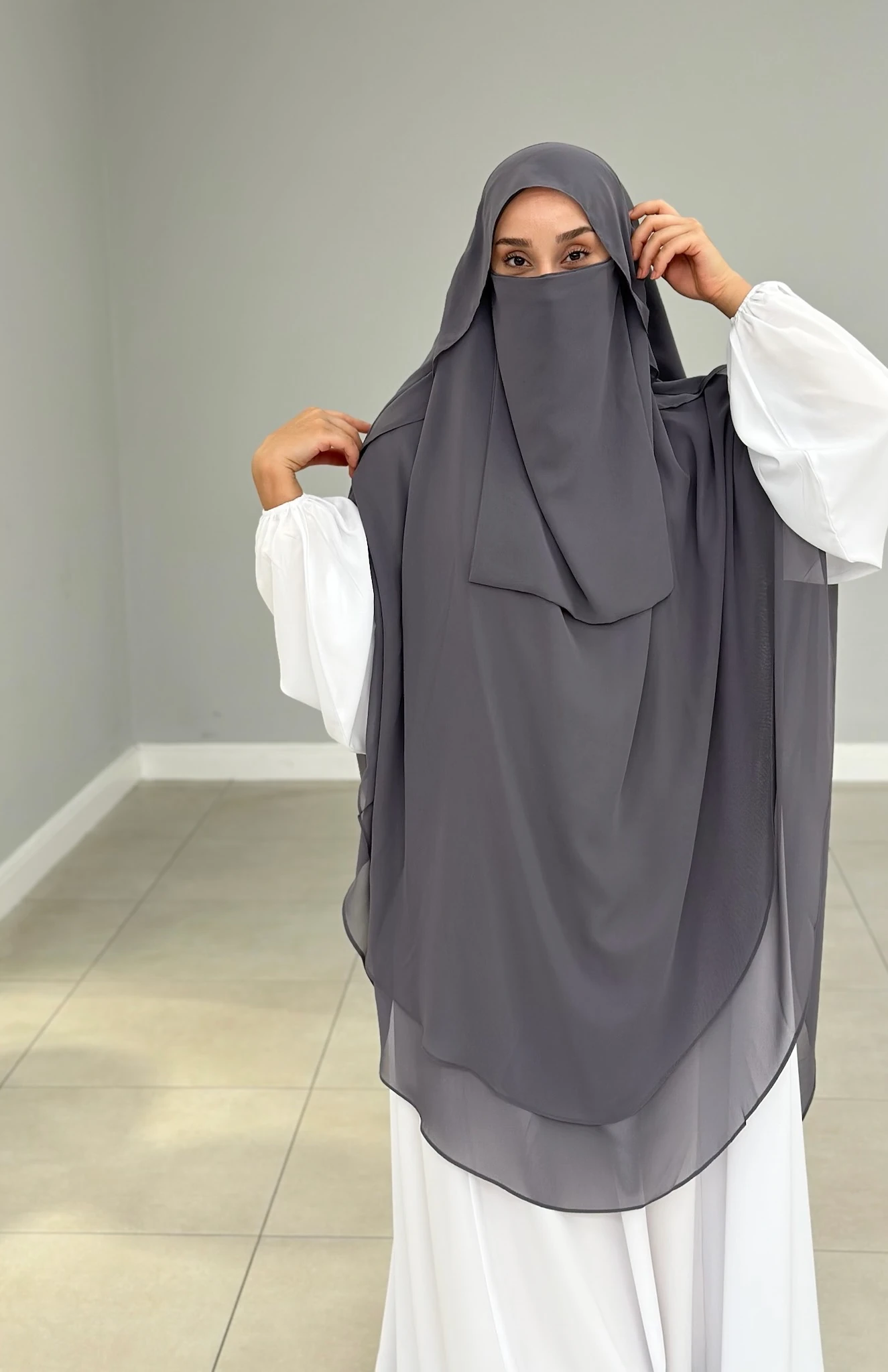 GÖLGELİ ŞİFON SUFLE UZUN GRİ