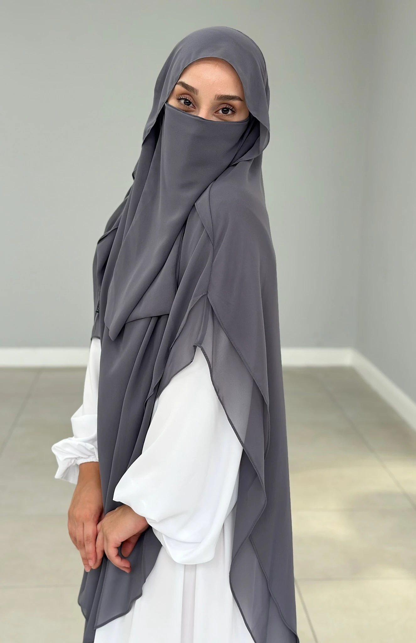 GÖLGELİ ŞİFON SUFLE UZUN GRİ