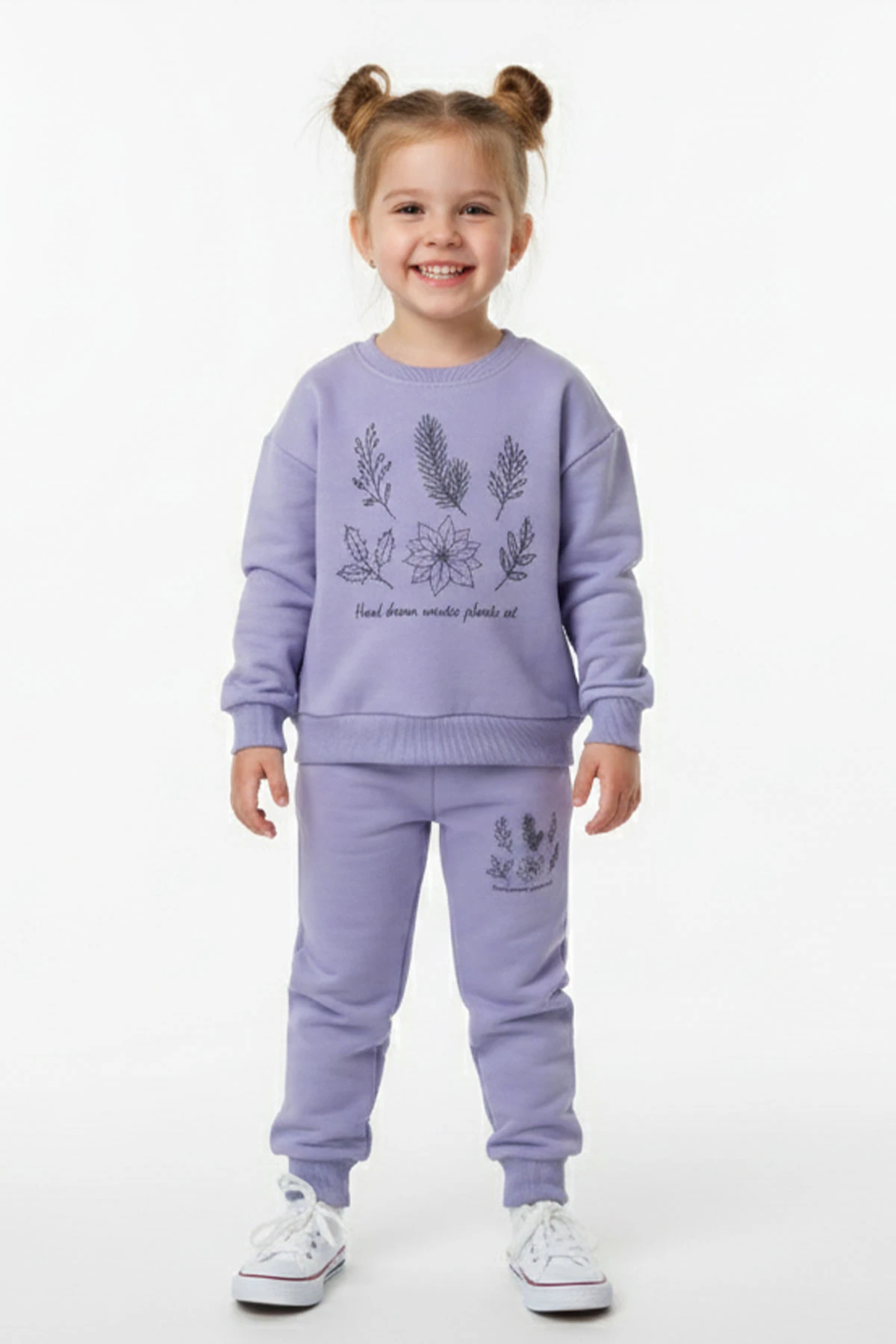 Kız Çocuk %100 Organik Pamuk Bitki Baskılı Yumuşacık Trend Eşofman Takımı - 1008 - Mor