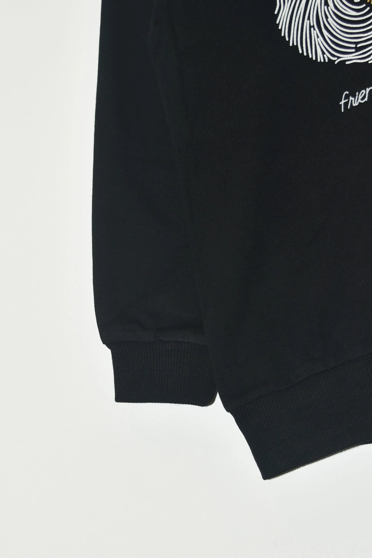 Kız Çocuk %100 Pamuk Kalp Desenli Bisiklet Yaka Trend Sweatshirt - 1022S - Siyah