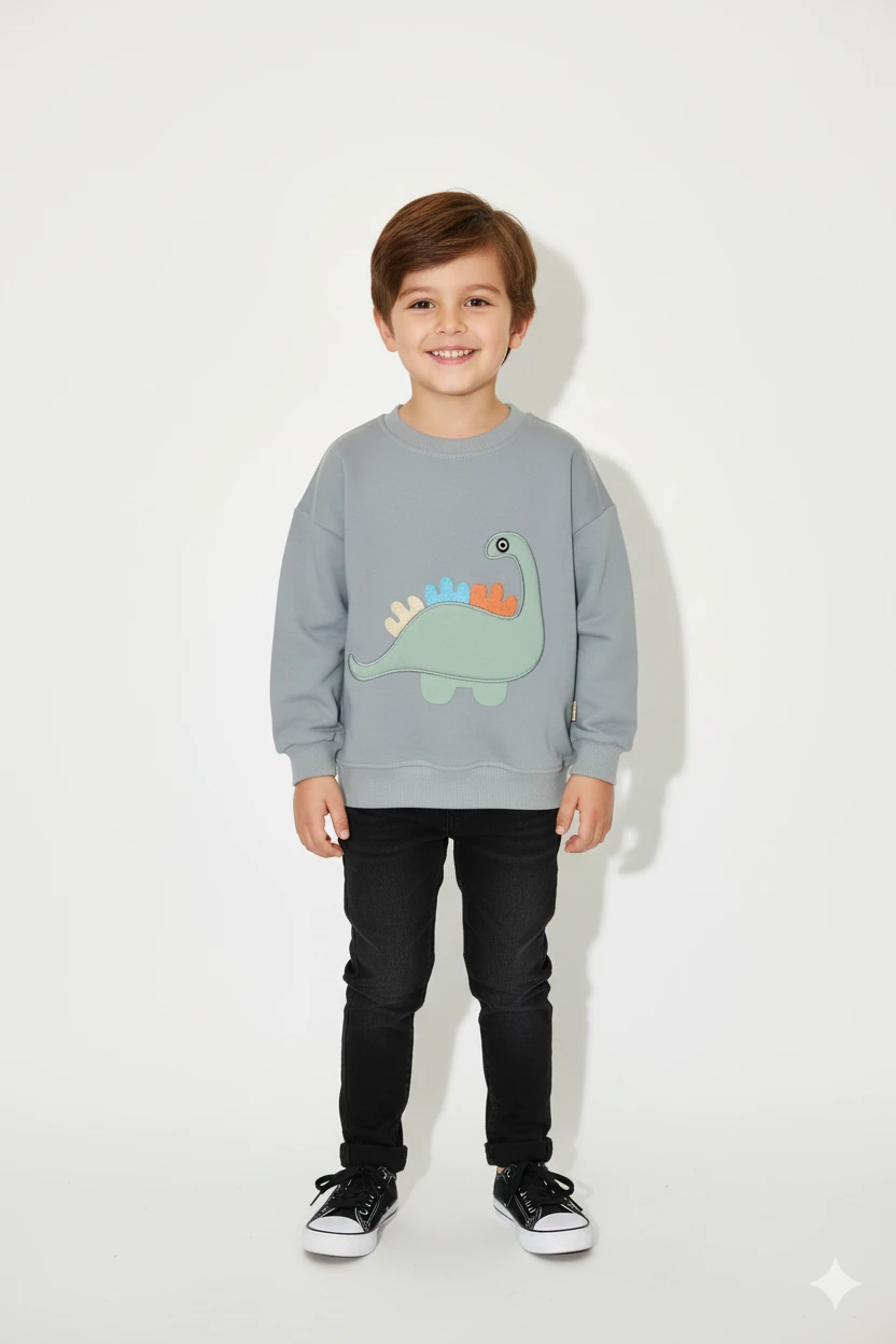 Erkek Çocuk %100 Pamuk Dinozor Nakışlı Sweatshirt 2145-1 - Gri Yeşil