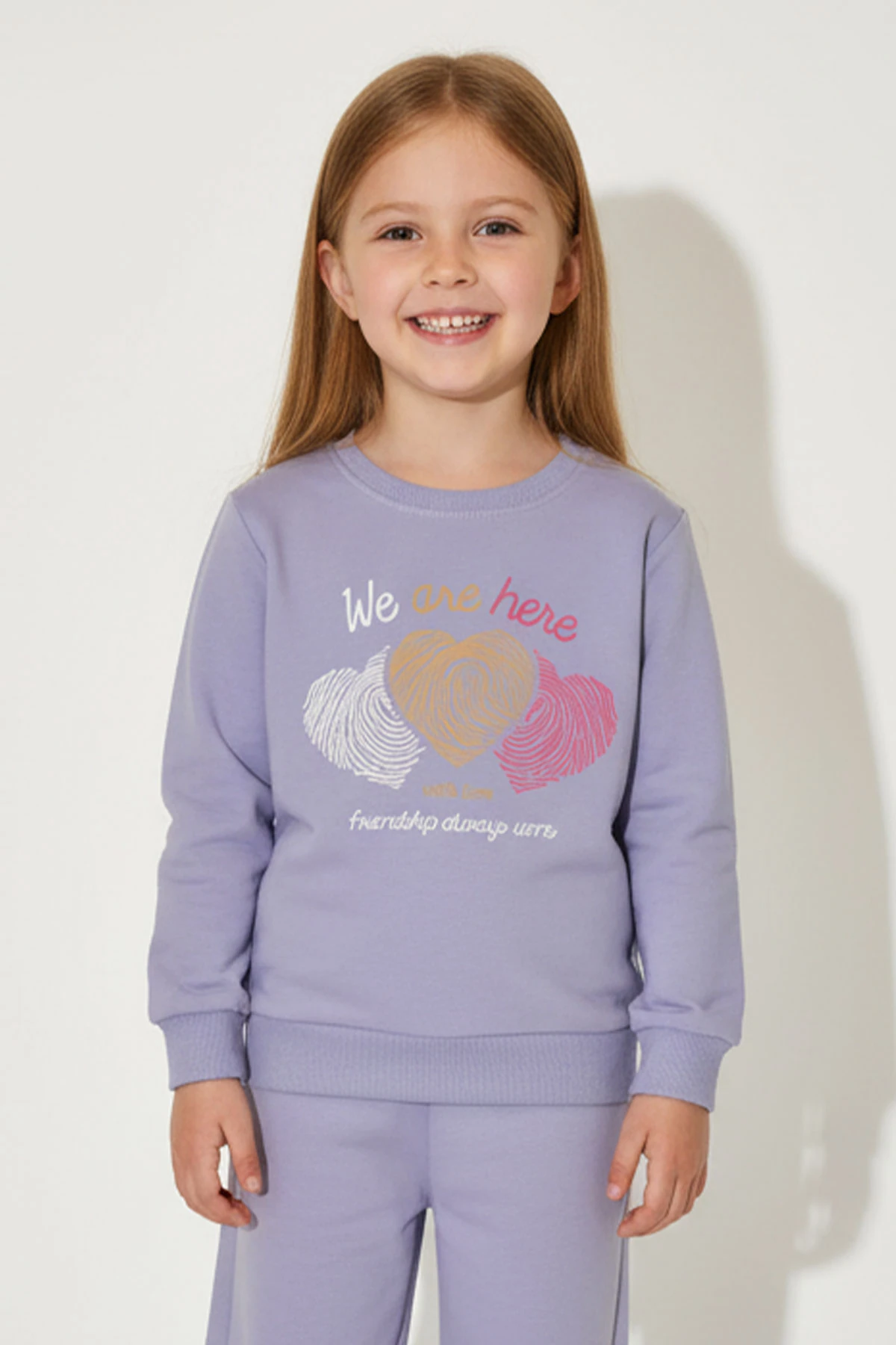 Kız Çocuk %100 Pamuk Kalp Desenli Bisiklet Yaka Trend Sweatshirt - 1022S - Mor