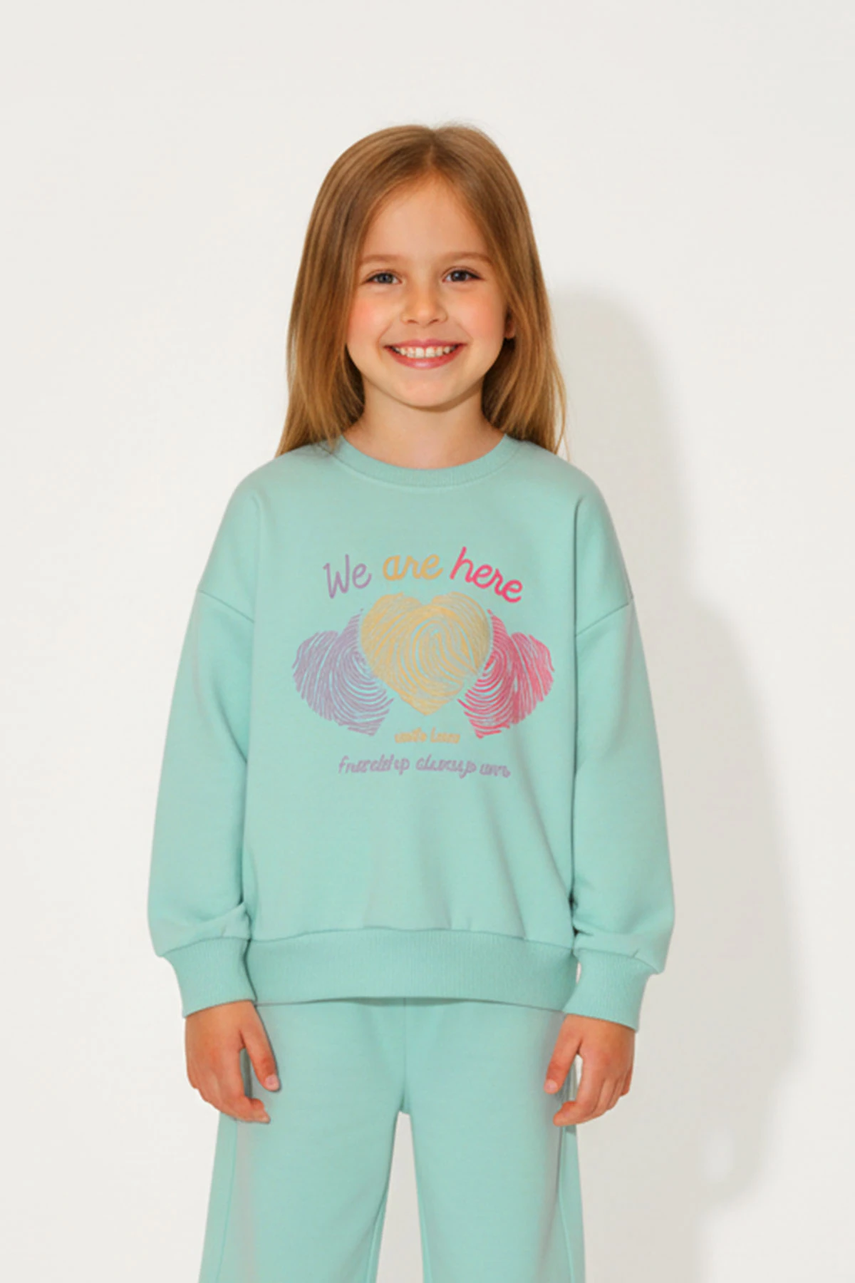 Kız Çocuk %100 Pamuk Kalp Desenli Bisiklet Yaka Trend Sweatshirt - 1022S - Mint