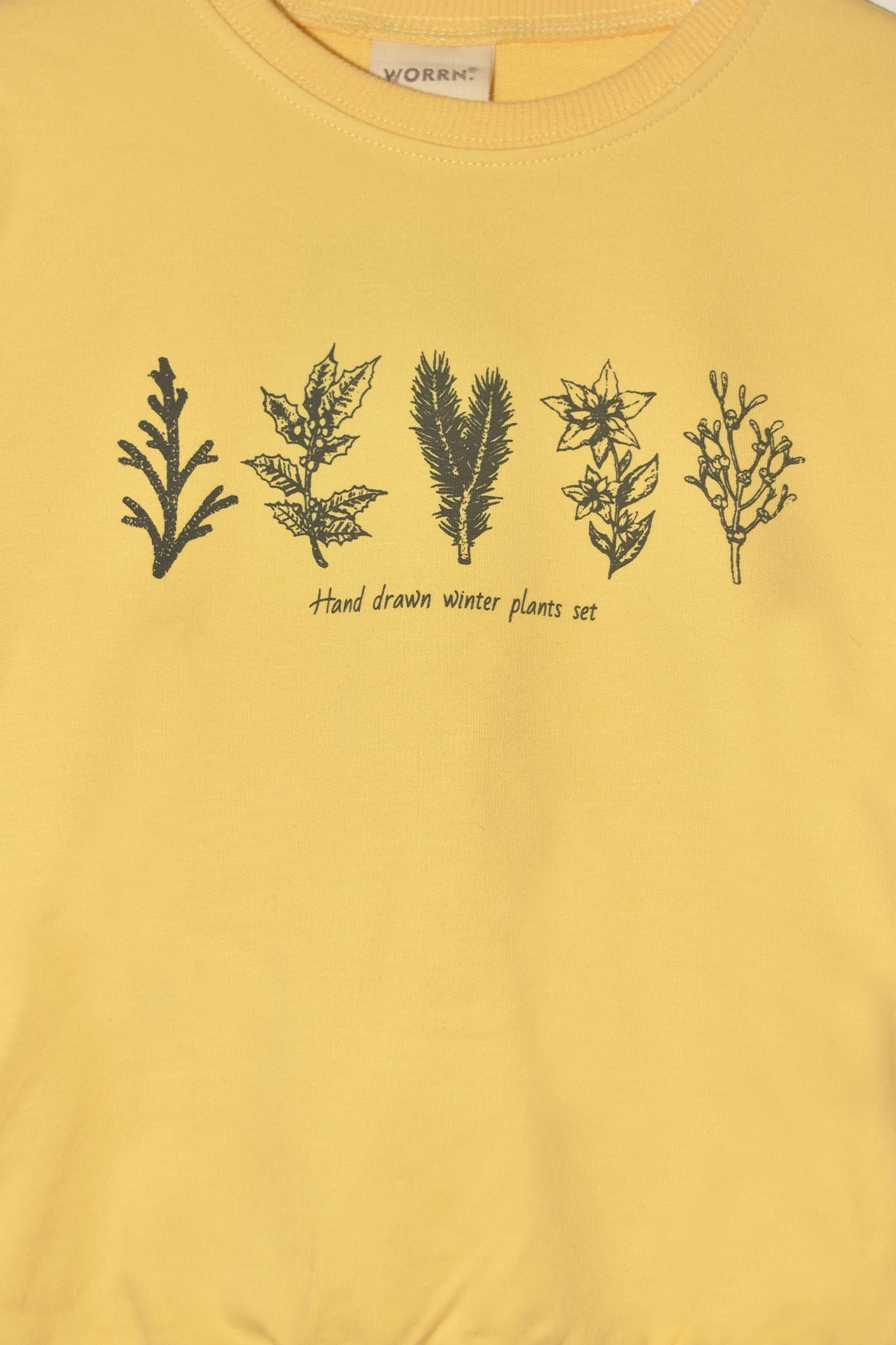 Erkek Çocuk %100 Organik Pamuk Bitki Baskılı Yumuşacık Trend Eşofman Takımı - 1008 - Sarı