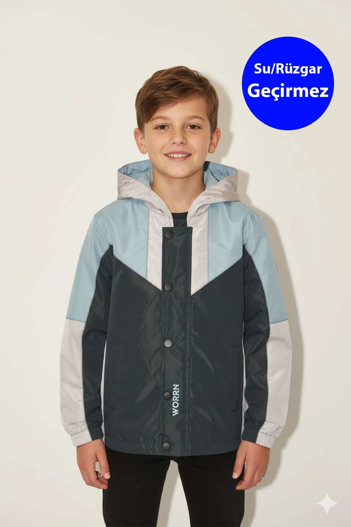 Erkek Çocuk Garnili Su/Rüzgar Geçirmez Nakışlı Premium Yağmurluk - 2112