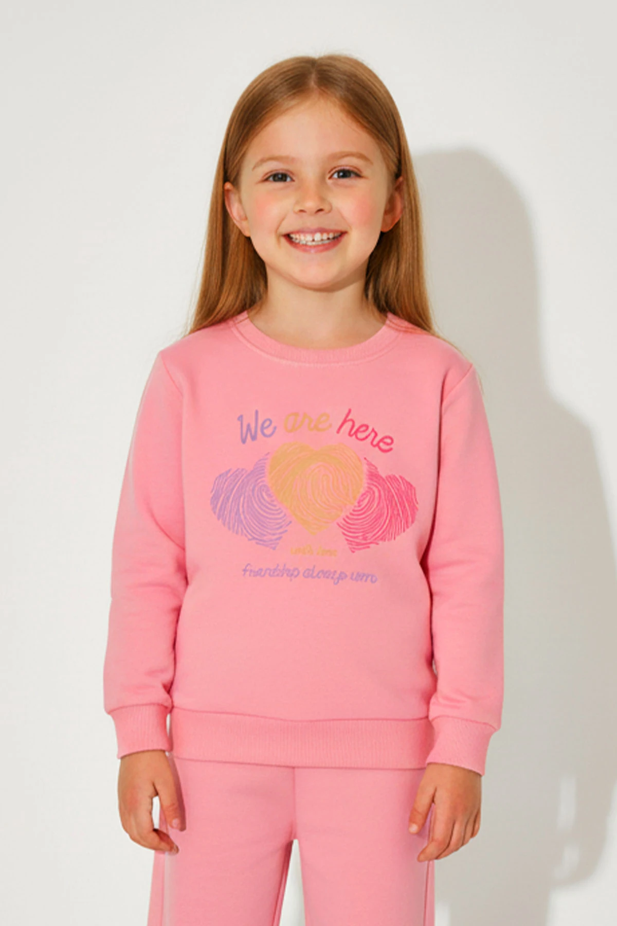 Kız Çocuk %100 Pamuk Kalp Desenli Bisiklet Yaka Trend Sweatshirt - 1022S - Pembe