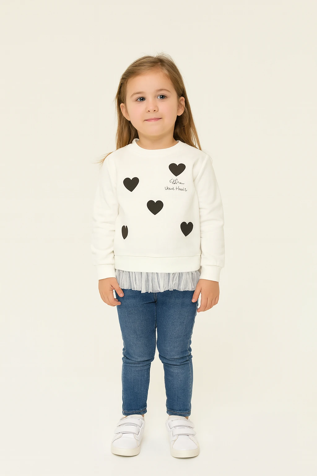 Kız Çocuk 2 İplik Kalpli Tüllü Trend Sweatshirt - 525035