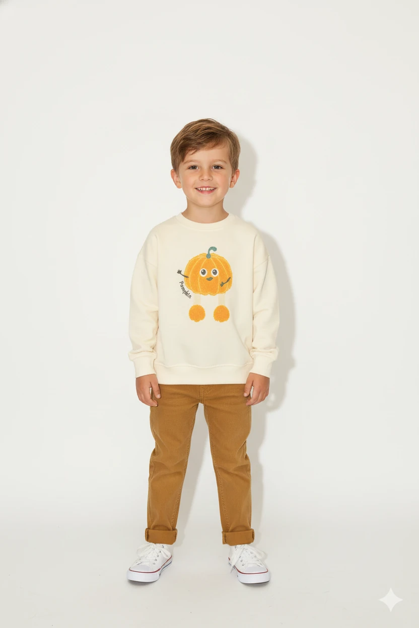 Erkek Çocuk %100 Pamuk Kabak Süzene Nakışlı Sweatshirt 2150-1 - Bej