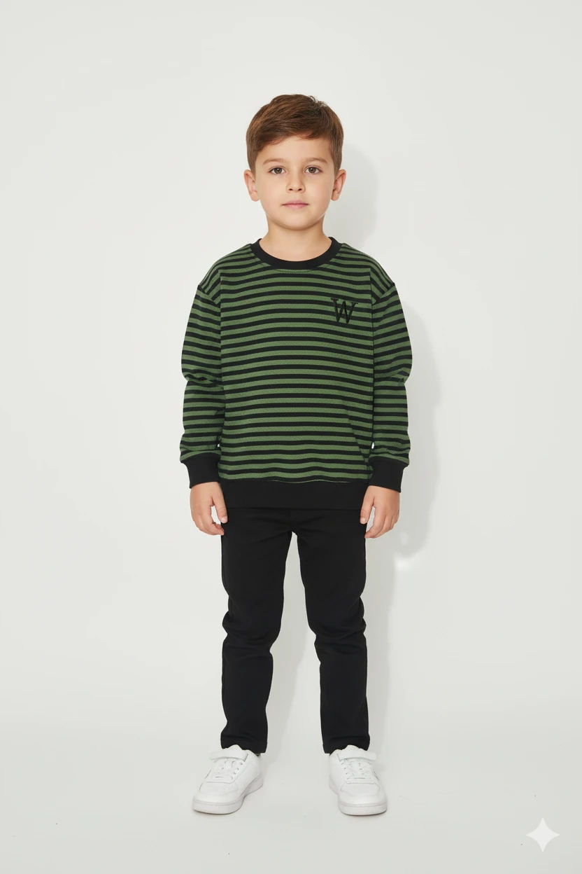 Erkek Çocuk Düşük Omuz 2-5 Yaş Çizgili Trend Premium Kalite Swetashirt - 1011