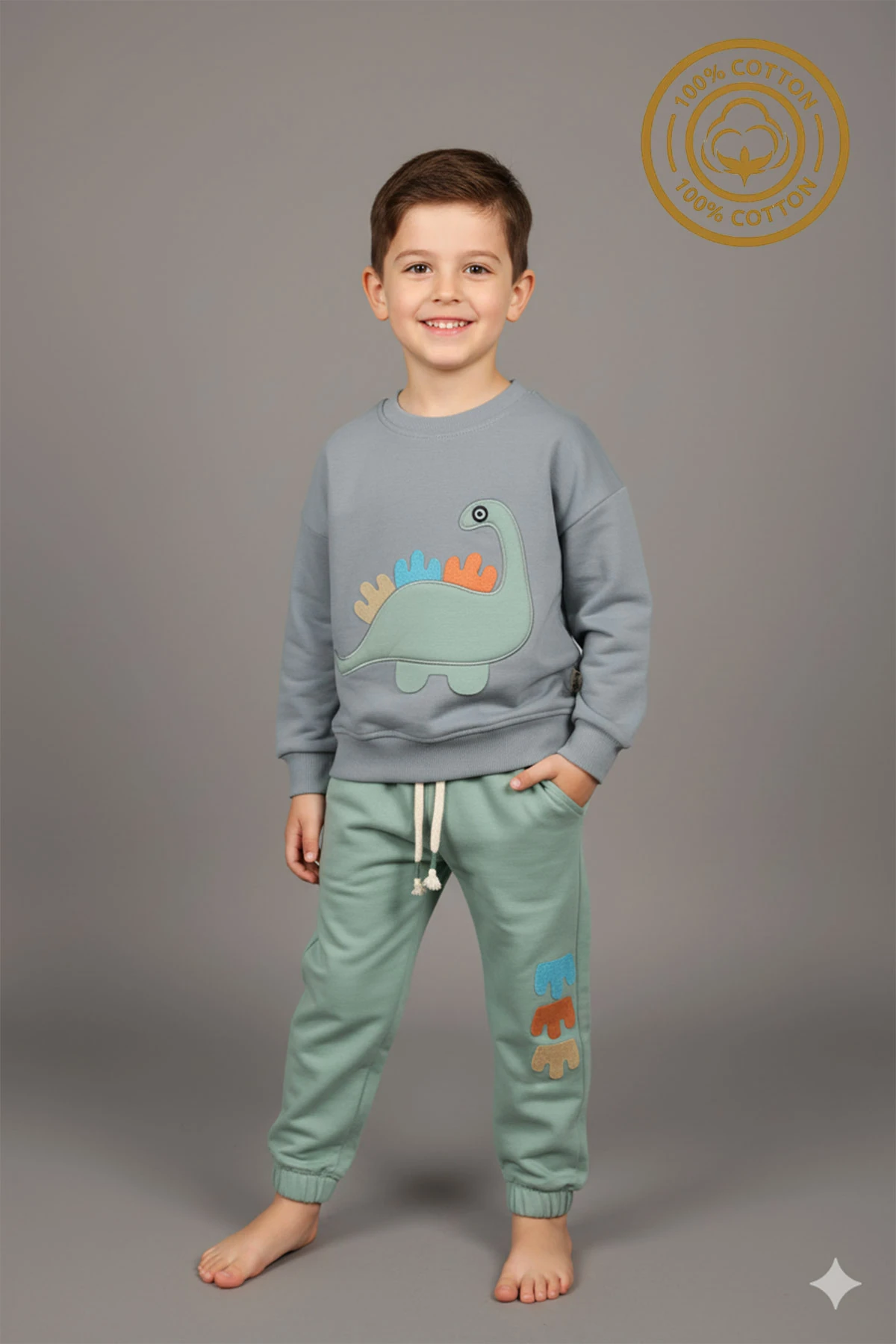 Erkek Çocuk %100 Pamuk Dinozor Nakışlı Paça Lastikli Cepli Trend Takım - 2145 - Yeşil-Gri