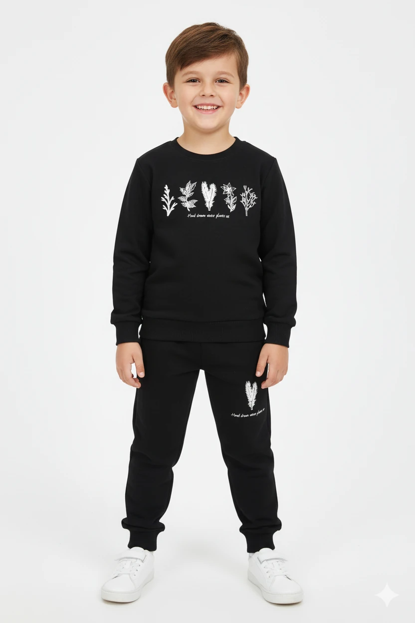 Erkek Çocuk %100 Organik Pamuk Bitki Baskılı Yumuşacık Trend Eşofman Takımı - 1008 - Siyah